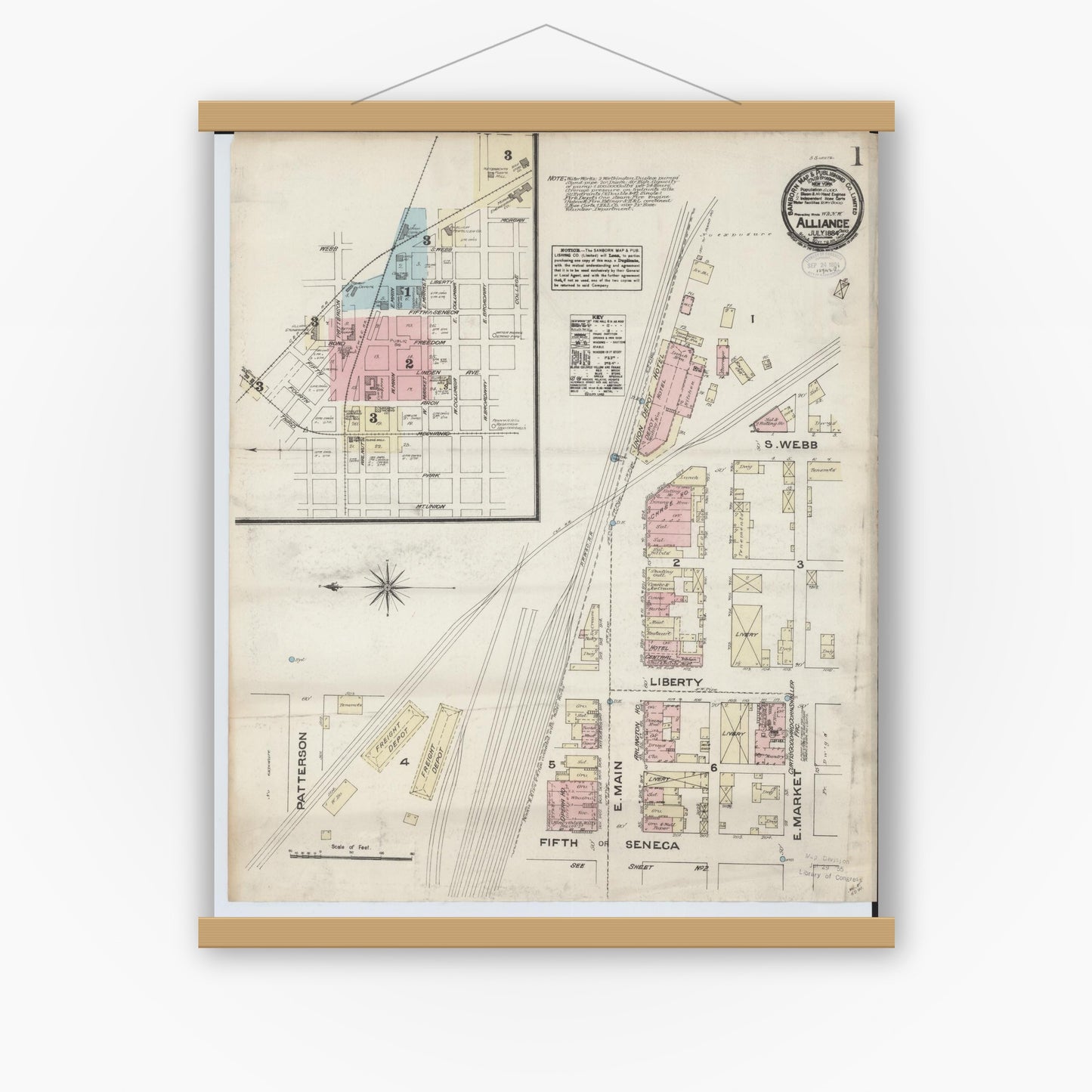 Old map wall art mockup — magnetic wood frame on white wall — Sanborn Fire Insurance Map from Alliance, Stark County, Ohio (1884), Sheet #0001