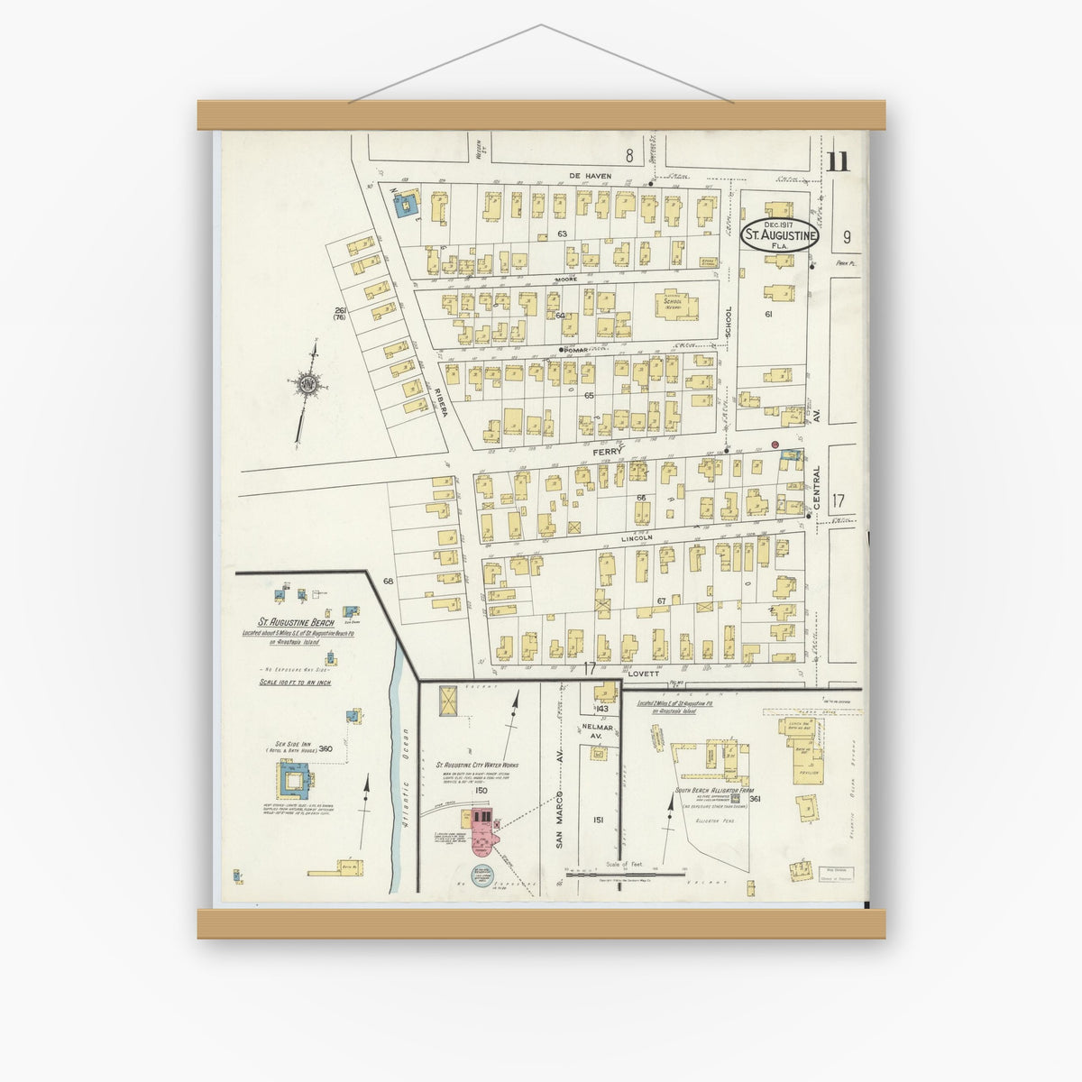 Old map wall art mockup — magnetic wood frame on white wall — Sanborn Fire Insurance Map from Saint Augustine, Saint John's County, Florida (1917), Sheet #0011