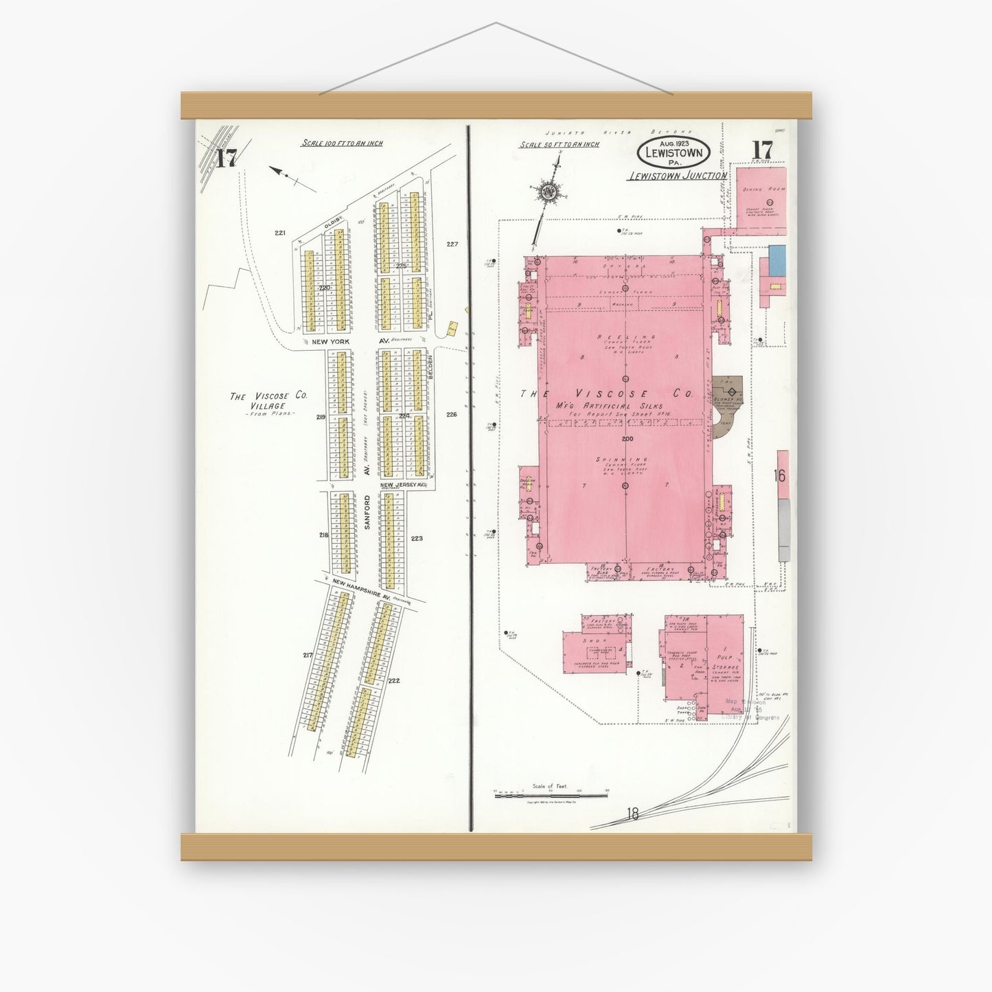 Old map wall art mockup — magnetic wood frame on white wall — Sanborn Fire Insurance Map from Lewistown, Mifflin County, Pennsylvania (1923), Sheet #0017