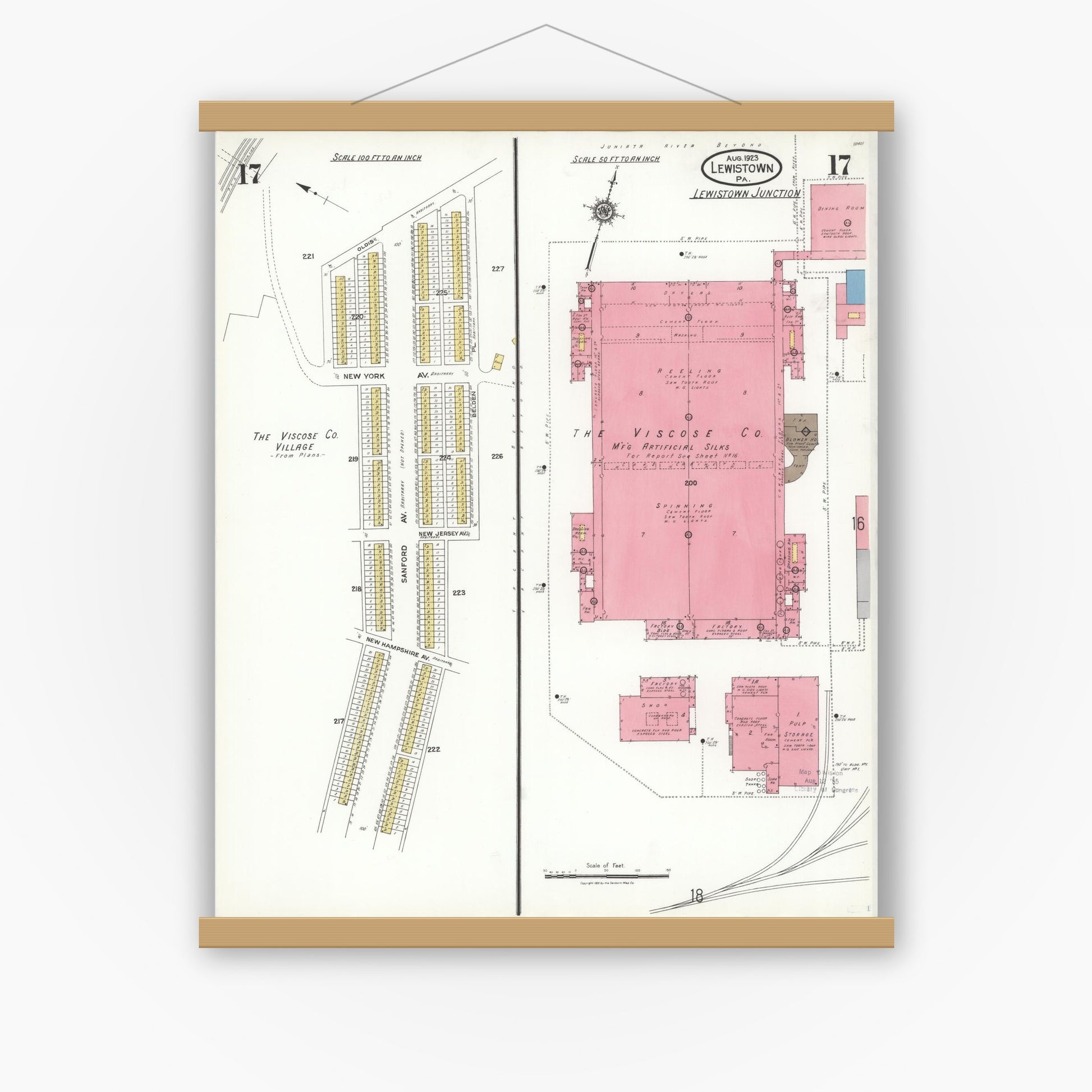 Old map wall art mockup — magnetic wood frame on white wall — Sanborn Fire Insurance Map from Lewistown, Mifflin County, Pennsylvania (1923), Sheet #0017
