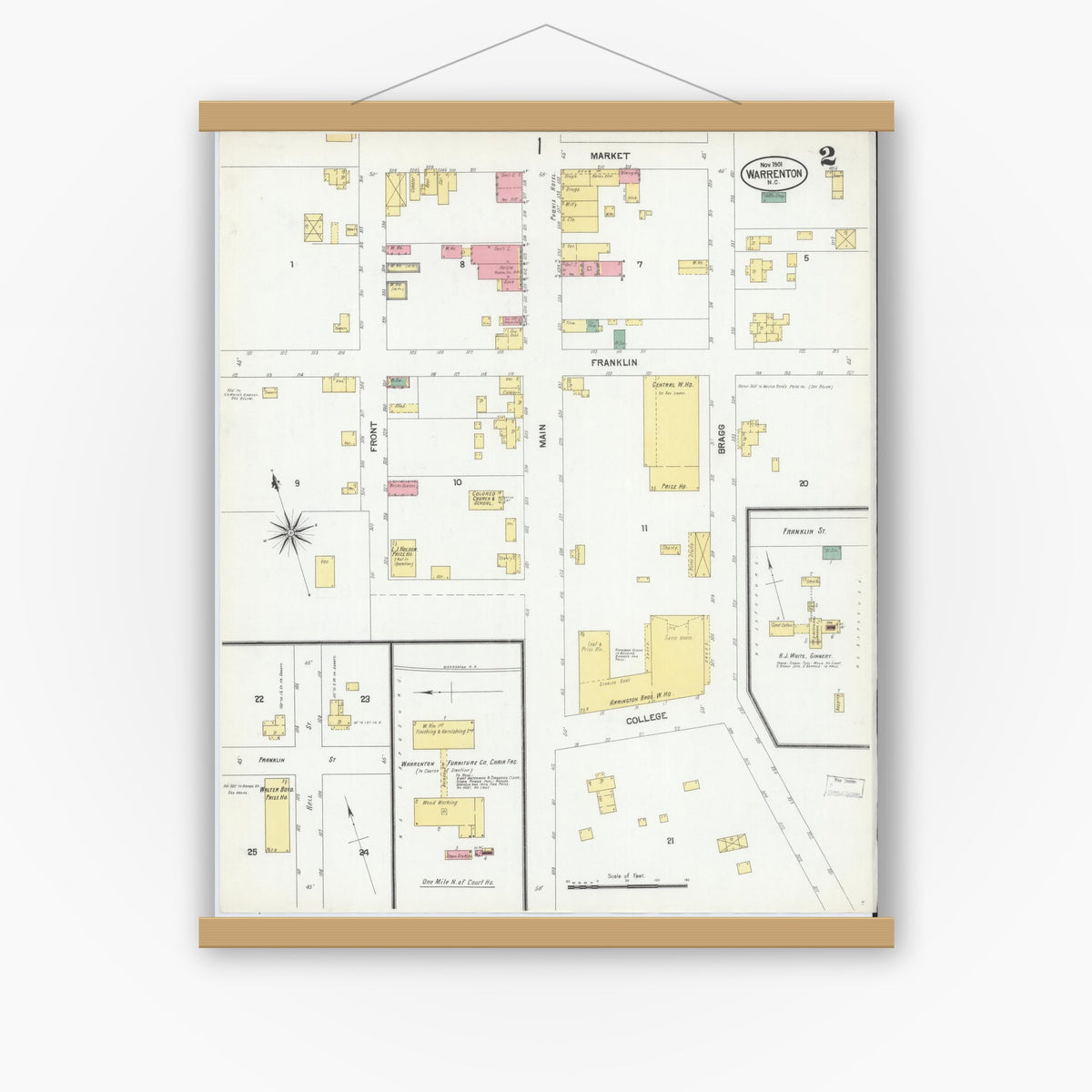 Old map wall art mockup — magnetic wood frame on white wall — Sanborn Fire Insurance Map from Warrenton, Warren County, North Carolina (1901), Sheet #0002