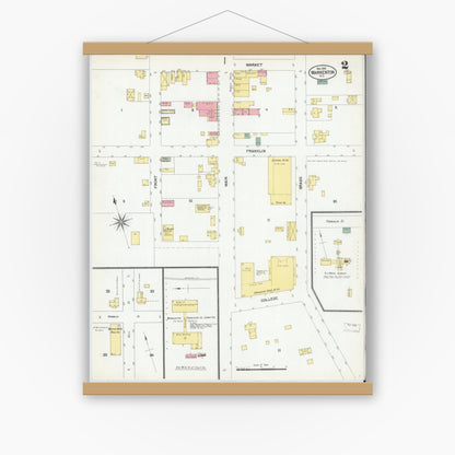 Old map wall art mockup — magnetic wood frame on white wall — Sanborn Fire Insurance Map from Warrenton, Warren County, North Carolina (1901), Sheet #0002