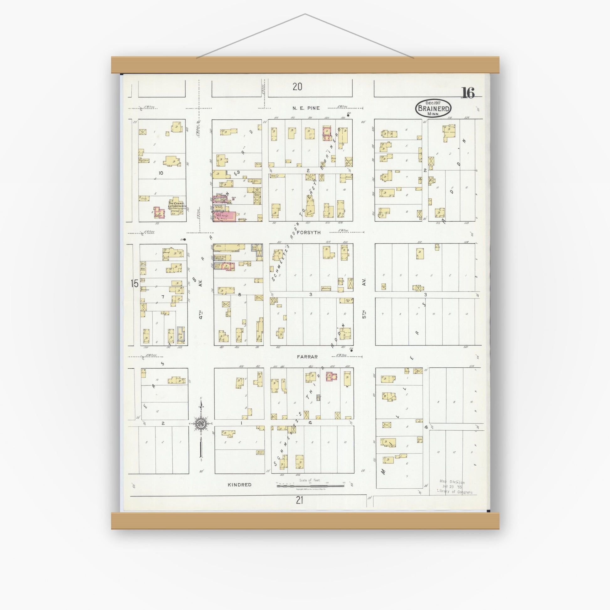 Old map wall art mockup — magnetic wood frame on white wall — Sanborn Fire Insurance Map from Brainerd, Crow Wing County, Minnesota (1917), Sheet #0016
