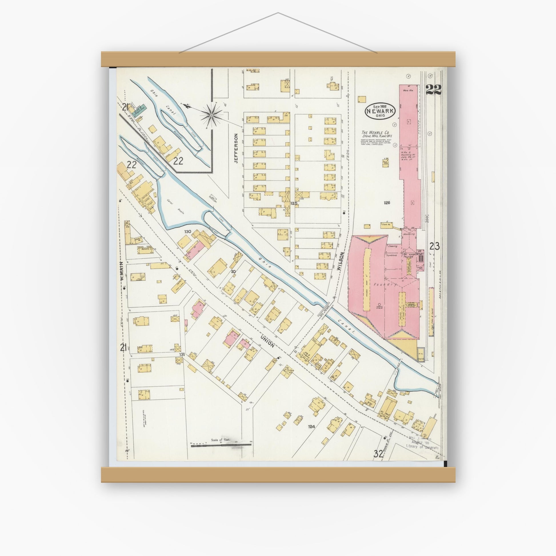 Old map wall art mockup — magnetic wood frame on white wall — Sanborn Fire Insurance Map from Newark, Licking County, Ohio (1905), Sheet #0022