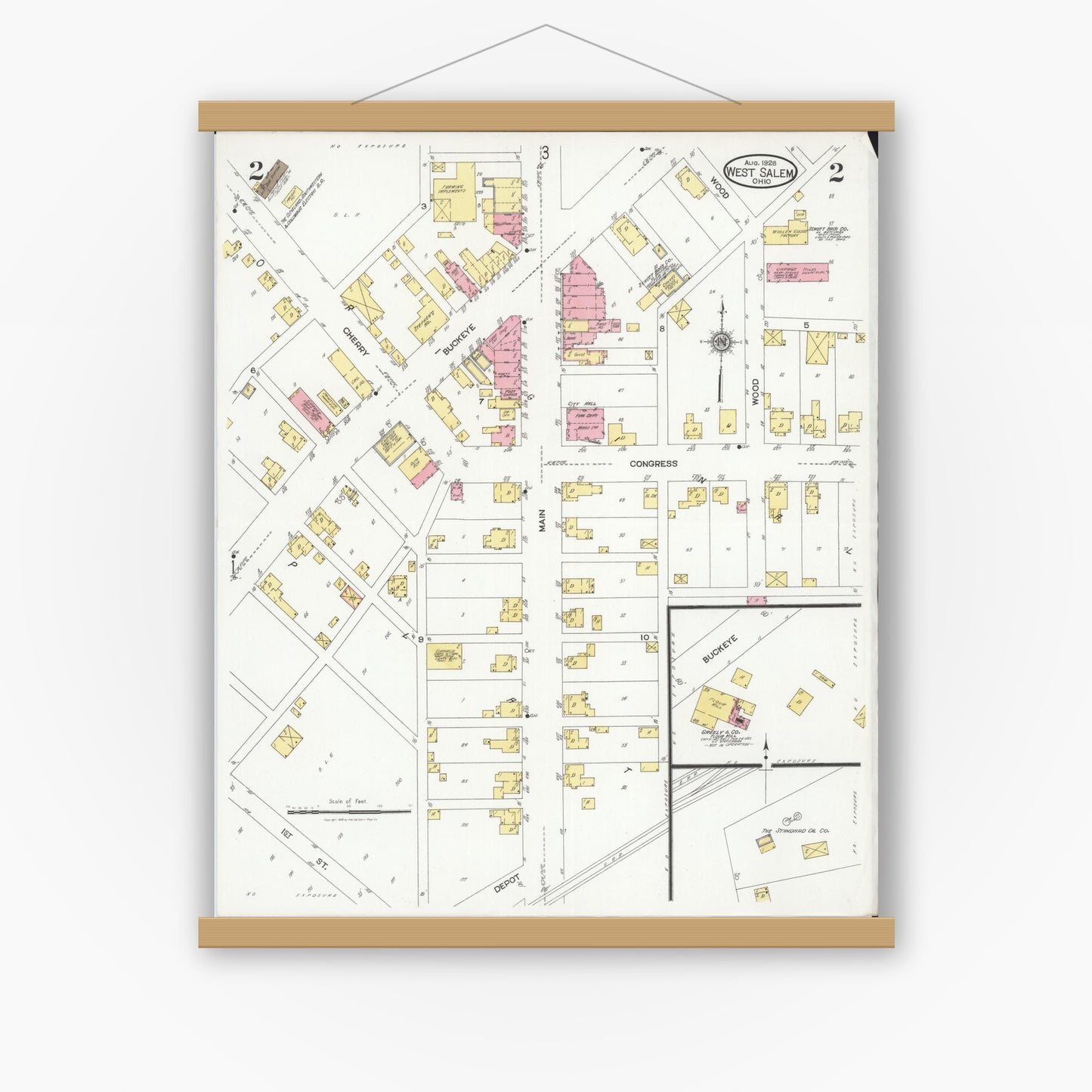 Old map wall art mockup — magnetic wood frame on white wall — Sanborn Fire Insurance Map from West Salem, Wayne County, Ohio (1926), Sheet #0002