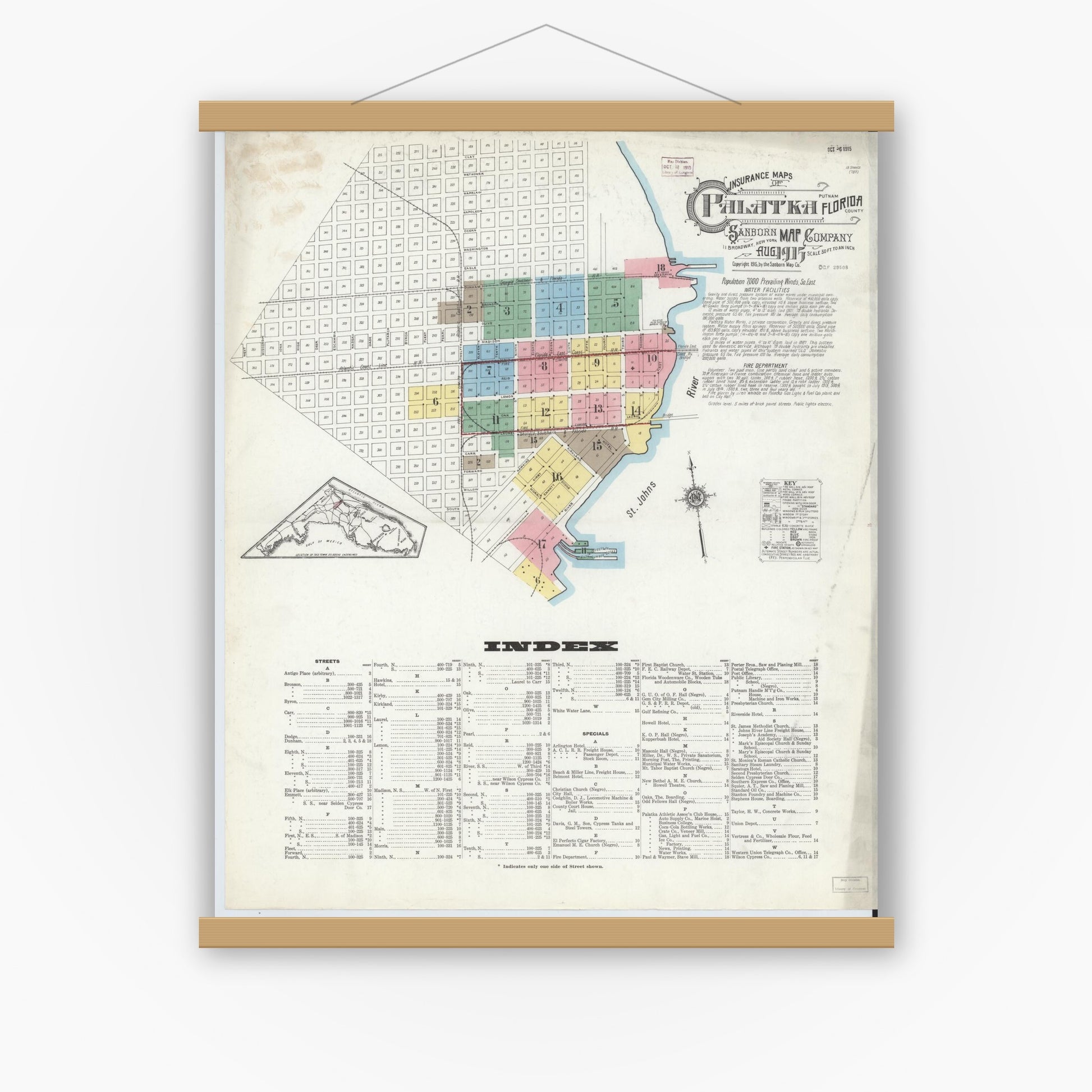 Old map wall art mockup — magnetic wood frame on white wall — Sanborn Fire Insurance Map from Palatka, Putnam County, Florida (1915), Sheet #0001