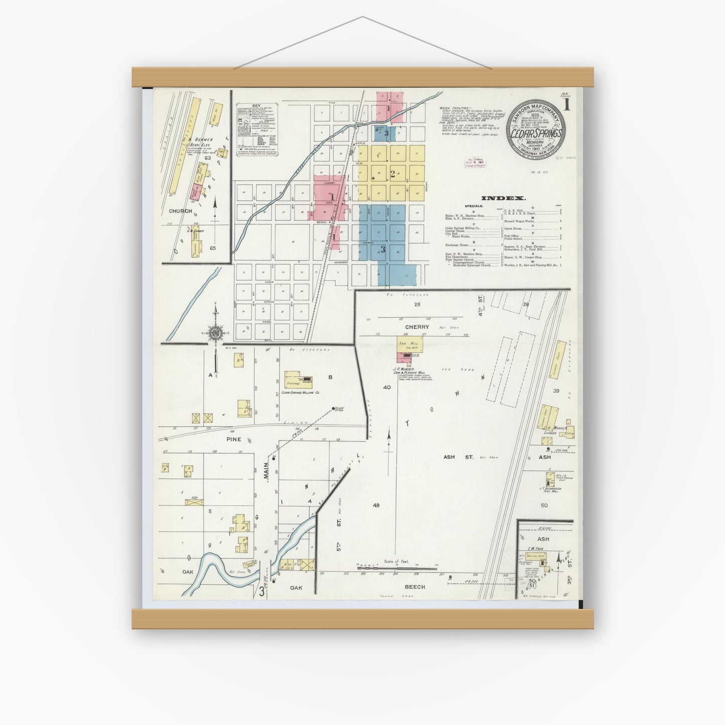 Old map wall art mockup — magnetic wood frame on white wall — Sanborn Fire Insurance Map from Cedar Springs, Kent County, Michigan (1910), Sheet #0001