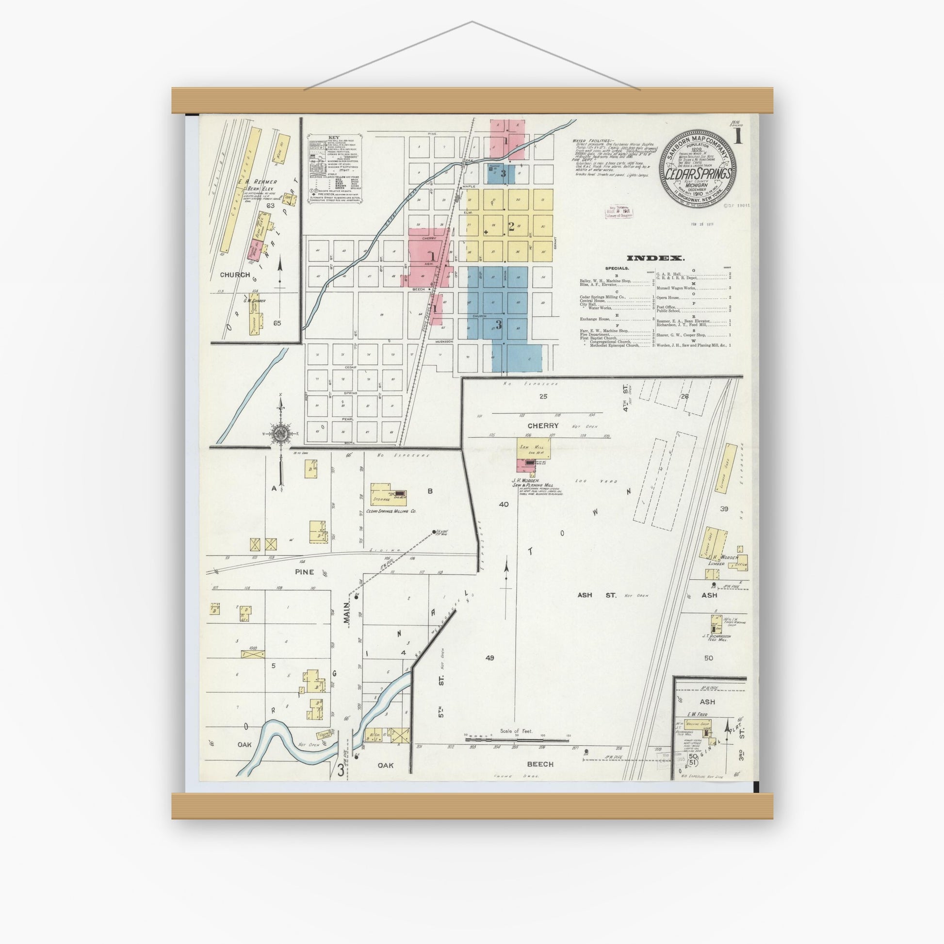 Old map wall art mockup — magnetic wood frame on white wall — Sanborn Fire Insurance Map from Cedar Springs, Kent County, Michigan (1910), Sheet #0001