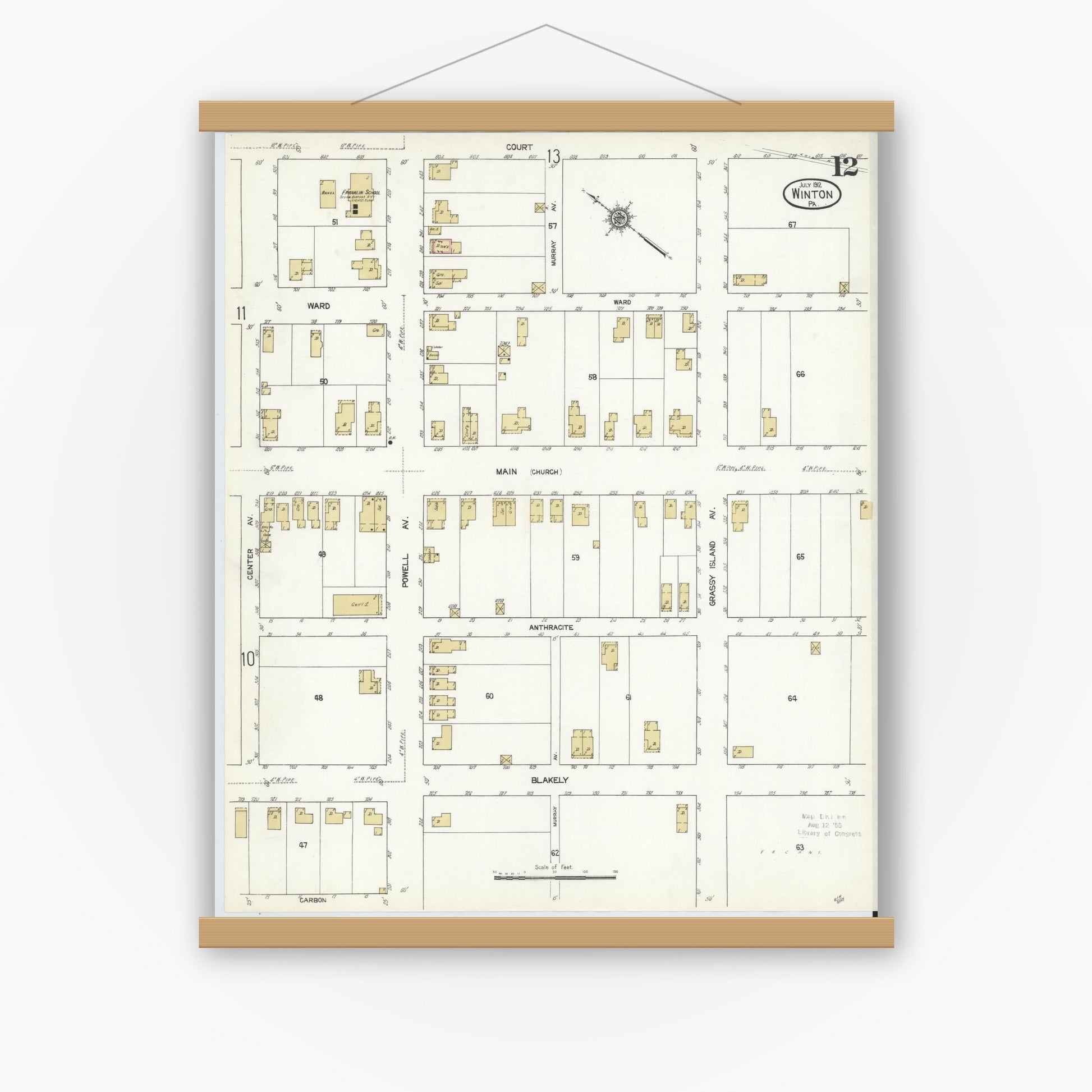 Old map wall art mockup — magnetic wood frame on white wall — Sanborn Fire Insurance Map from Winton, Lackawanna County, Pennsylvania (1912), Sheet #0012