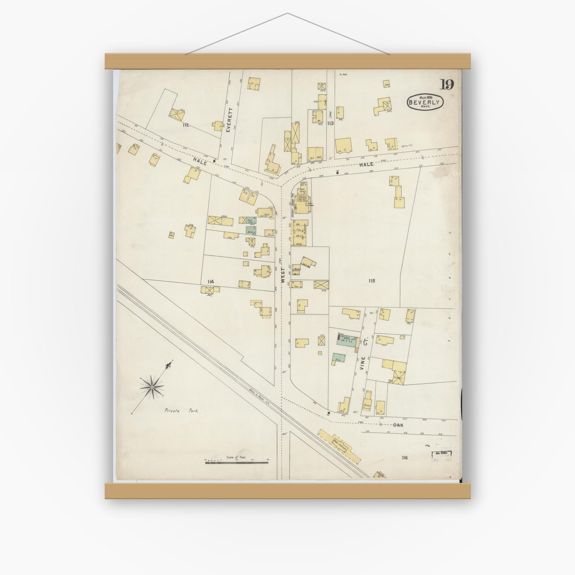 Old map wall art mockup — magnetic wood frame on white wall — Sanborn Fire Insurance Map from Beverly, Essex County, Massachusetts (1896), Sheet #0019