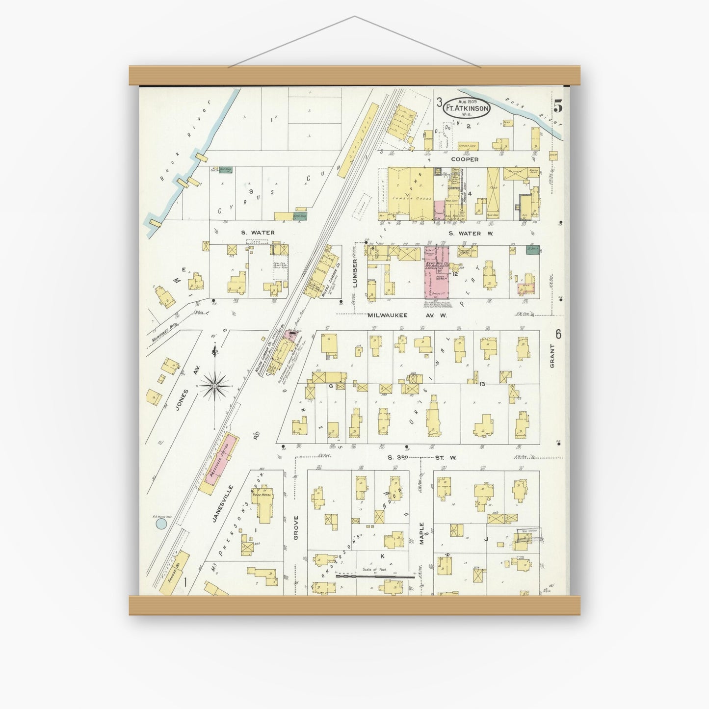 Old map wall art mockup — magnetic wood frame on white wall — Sanborn Fire Insurance Map from Fort Atkinson, Jefferson County, Wisconsin (1909), Sheet #0005