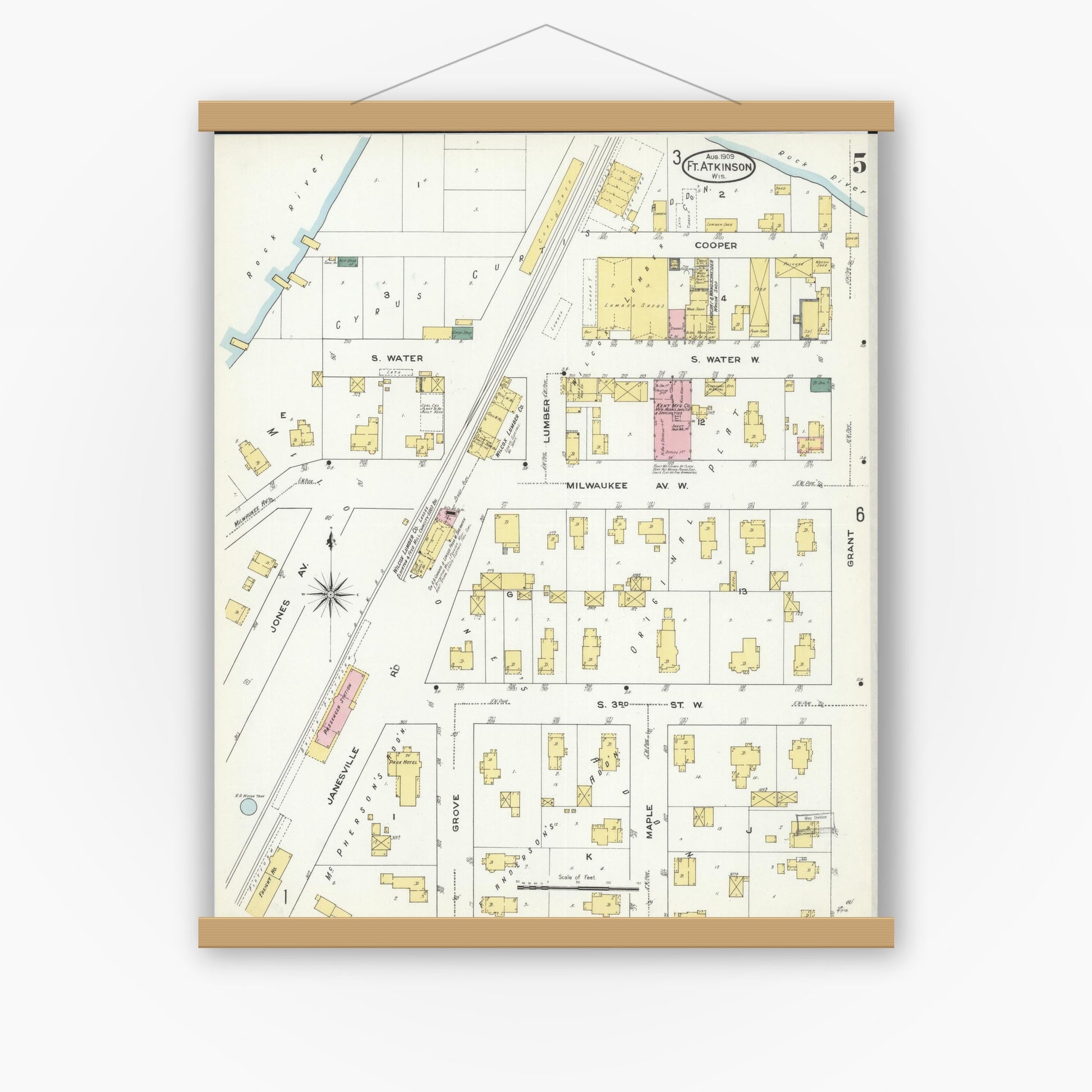 Old map wall art mockup — magnetic wood frame on white wall — Sanborn Fire Insurance Map from Fort Atkinson, Jefferson County, Wisconsin (1909), Sheet #0005