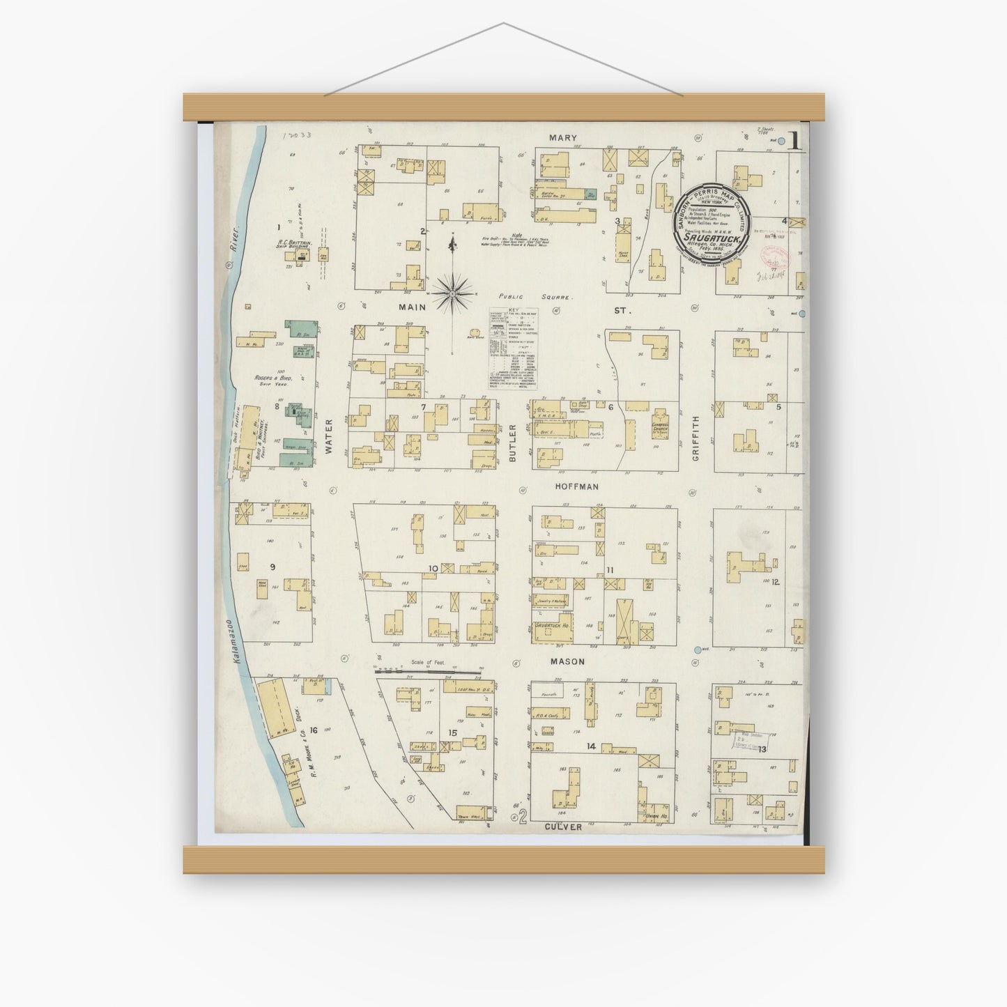 Old map wall art mockup — magnetic wood frame on white wall — Sanborn Fire Insurance Map from Saugatuck, Allegan County, Michigan (1895) - Complete Map Set