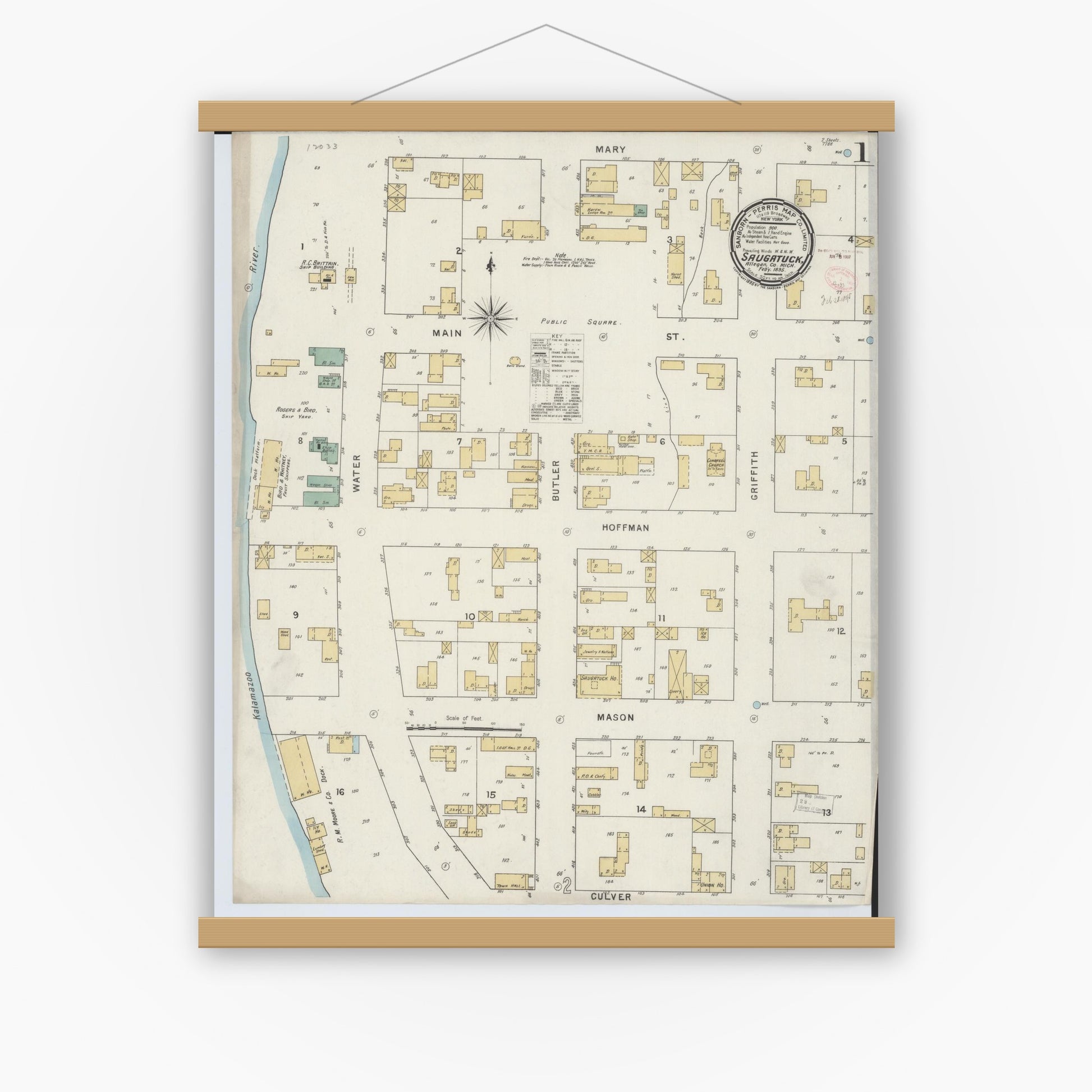 Old map wall art mockup — magnetic wood frame on white wall — Sanborn Fire Insurance Map from Saugatuck, Allegan County, Michigan (1895) - Complete Map Set