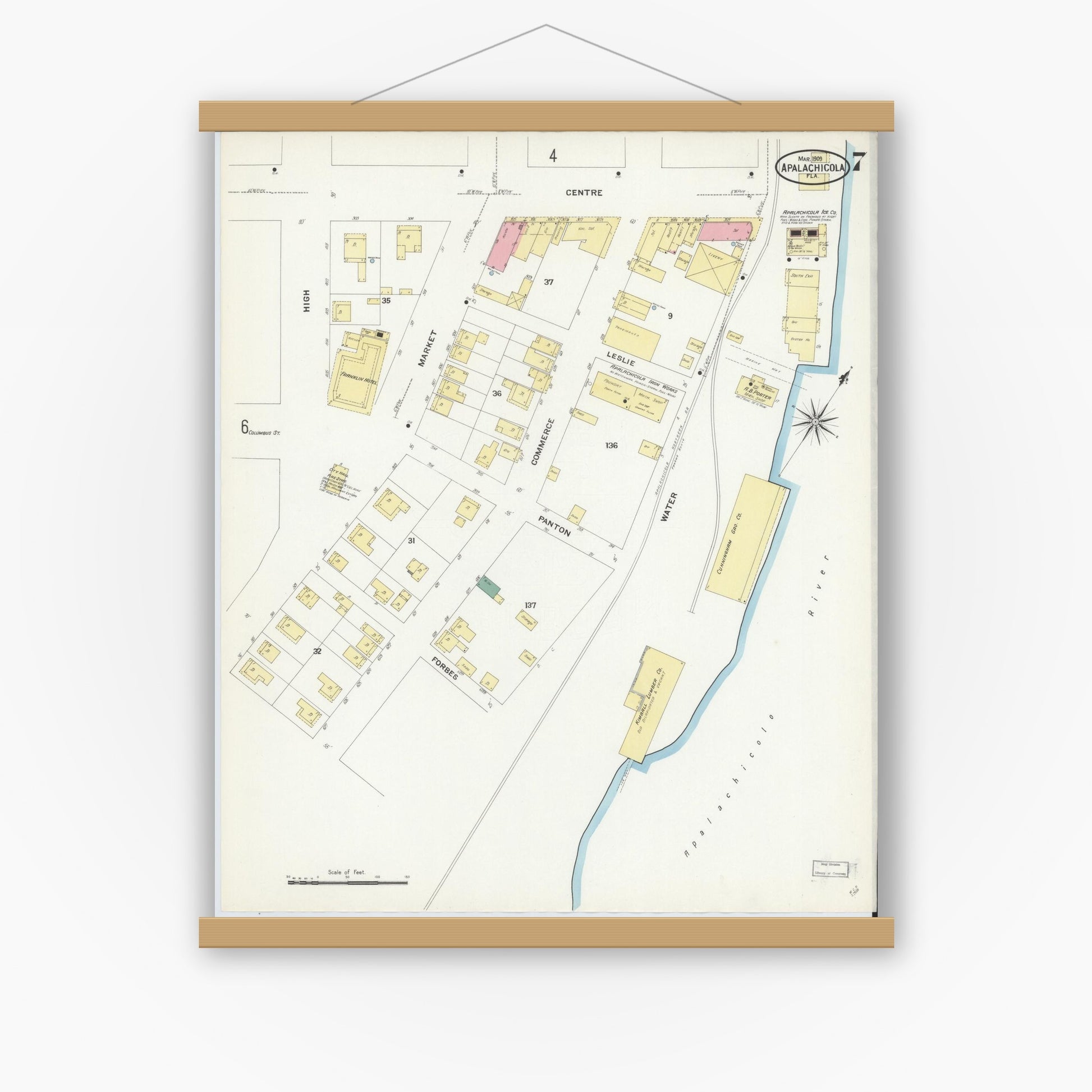 Old map wall art mockup — magnetic wood frame on white wall — Sanborn Fire Insurance Map from Apalachicola, Franklin County, Florida (1909), Sheet #0007