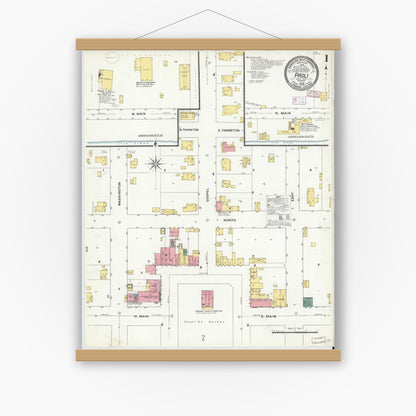 Old map wall art mockup — magnetic wood frame on white wall — Sanborn Fire Insurance Map from Paoli, Orange County, Indiana (1909) - Complete Map Set