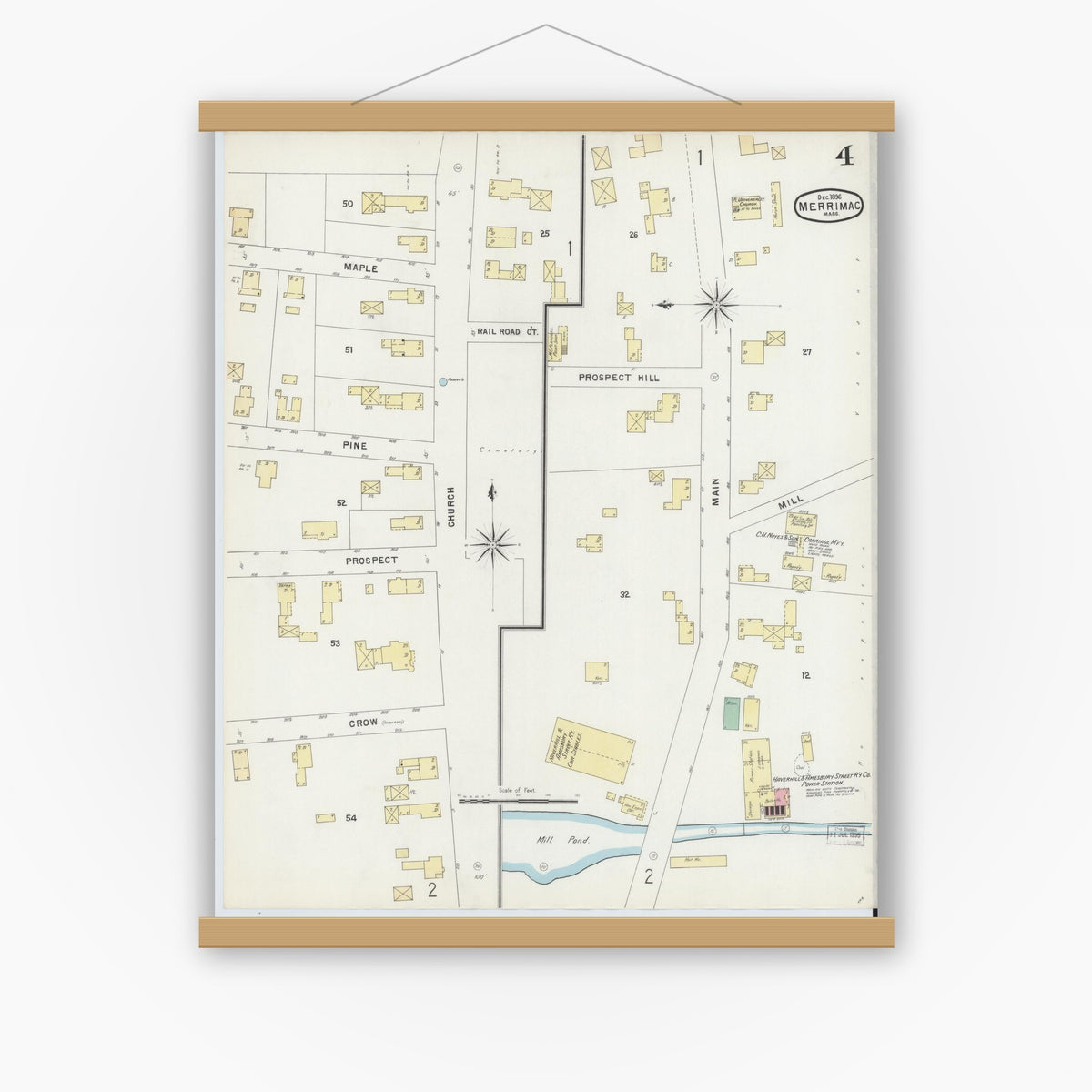 Old map wall art mockup — magnetic wood frame on white wall — Sanborn Fire Insurance Map from Merrimac, Essex County, Massachusetts (1896), Sheet #0004