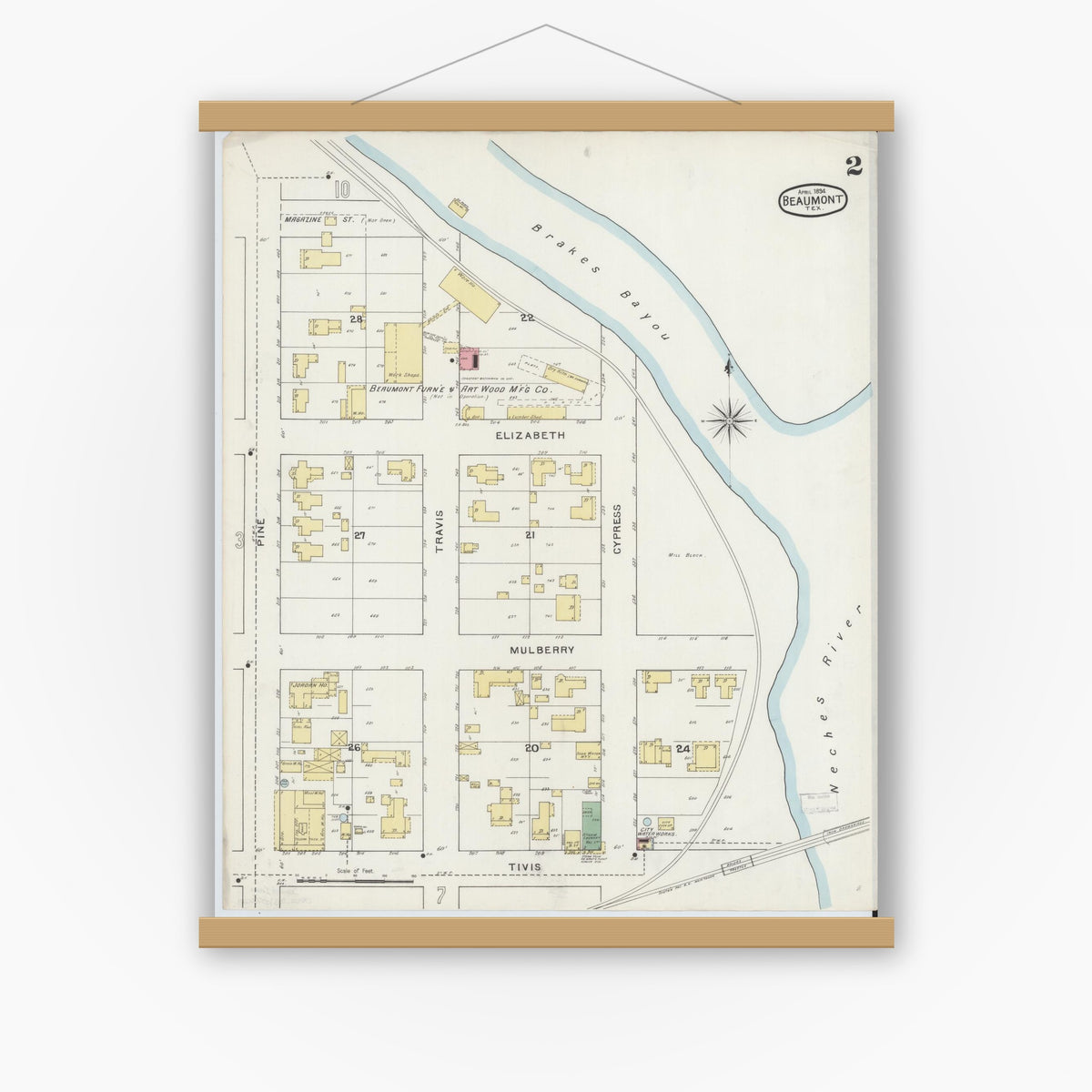 Old map wall art mockup — magnetic wood frame on white wall — Sanborn Fire Insurance Map from Beaumont, Jefferson County, Texas (1894), Sheet #0002