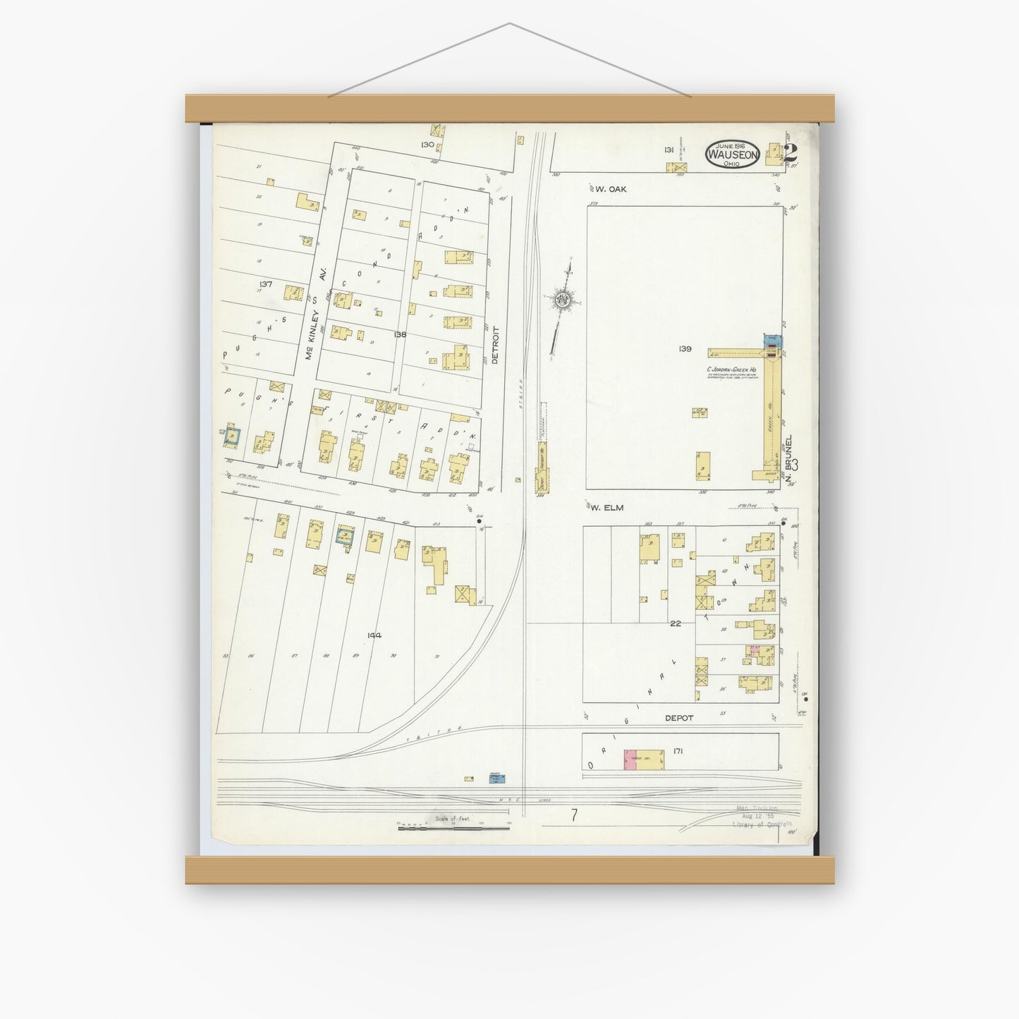 Old map wall art mockup — magnetic wood frame on white wall — Sanborn Fire Insurance Map from Wauseon, Fulton County, Ohio (1916), Sheet #0002