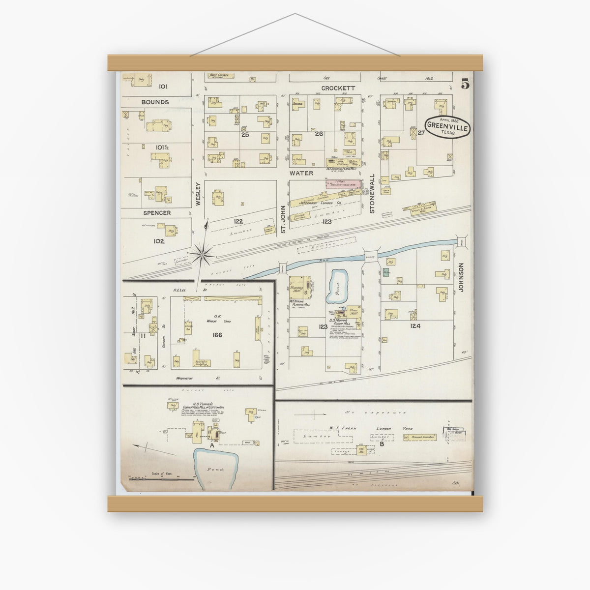 Old map wall art mockup — magnetic wood frame on white wall — Sanborn Fire Insurance Map from Greenville, Hunt County, Texas (1888), Sheet #0005