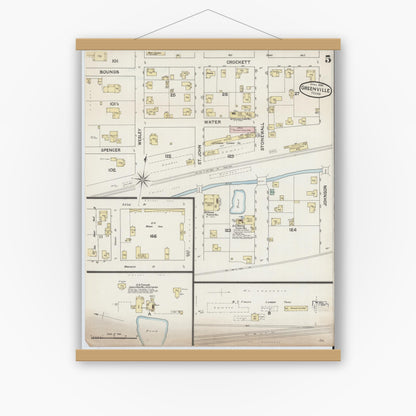 Old map wall art mockup — magnetic wood frame on white wall — Sanborn Fire Insurance Map from Greenville, Hunt County, Texas (1888), Sheet #0005
