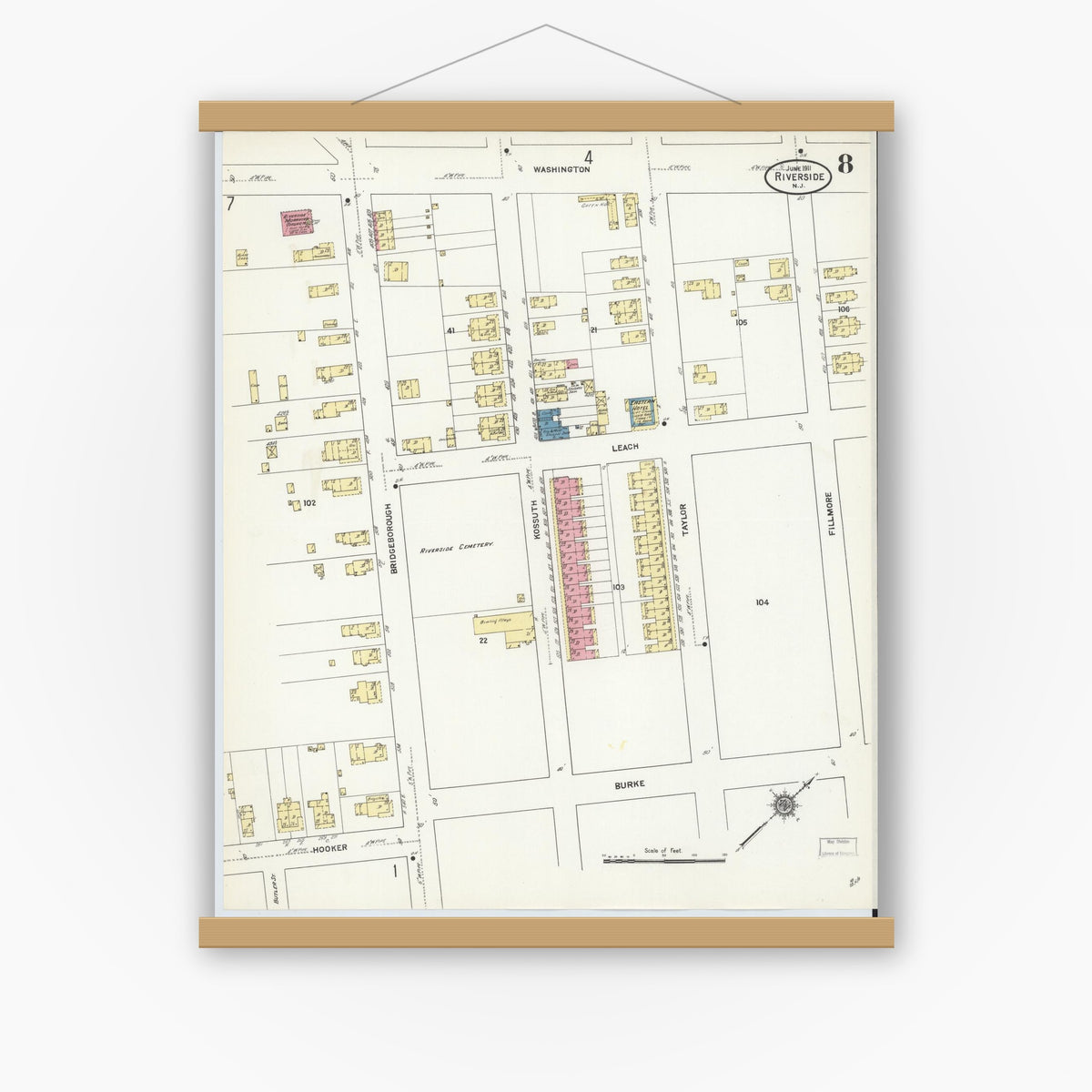 Old map wall art mockup — magnetic wood frame on white wall — Sanborn Fire Insurance Map from Riverside, Burlington County, New Jersey (1911), Sheet #0008