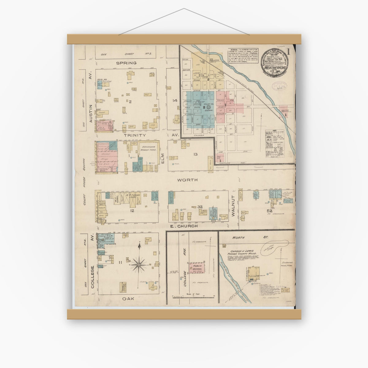 Old map wall art mockup — magnetic wood frame on white wall — Sanborn Fire Insurance Map from Weatherford, Parker County, Texas (1885) - Complete Map Set