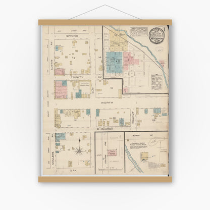 Old map wall art mockup — magnetic wood frame on white wall — Sanborn Fire Insurance Map from Weatherford, Parker County, Texas (1885) - Complete Map Set