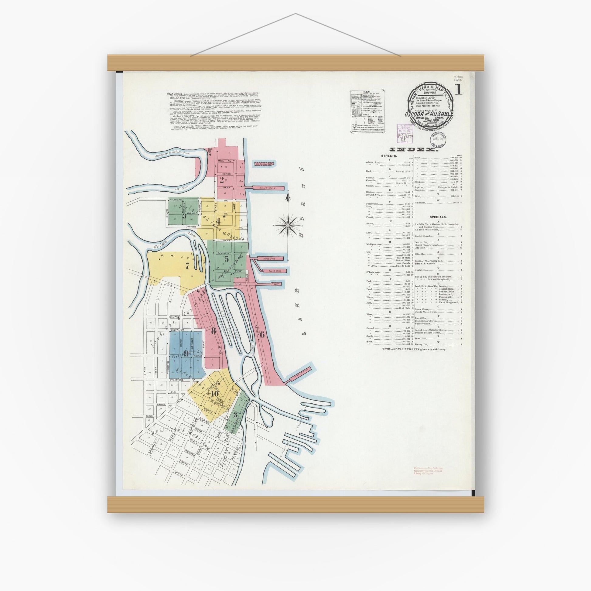 Old map wall art mockup — magnetic wood frame on white wall — Sanborn Fire Insurance Map from Oscoda, Iosco County, Michigan (1901) - Complete Map Set