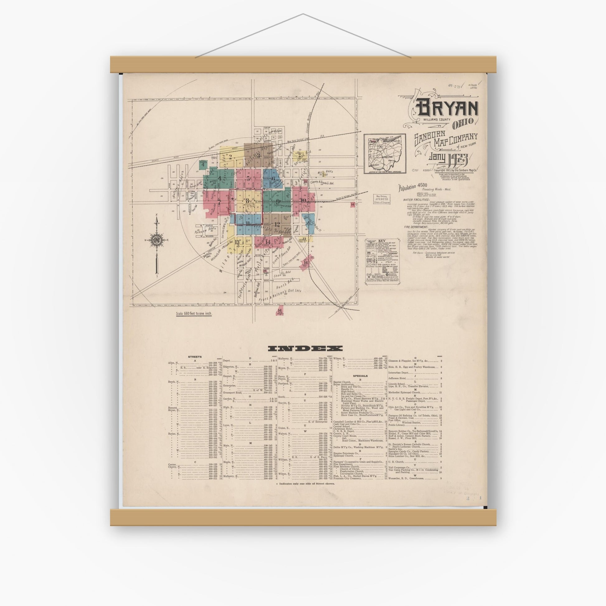 Old map wall art mockup — magnetic wood frame on white wall — Sanborn Fire Insurance Map from Bryan, Williams County, Ohio (1923) - Complete Map Set