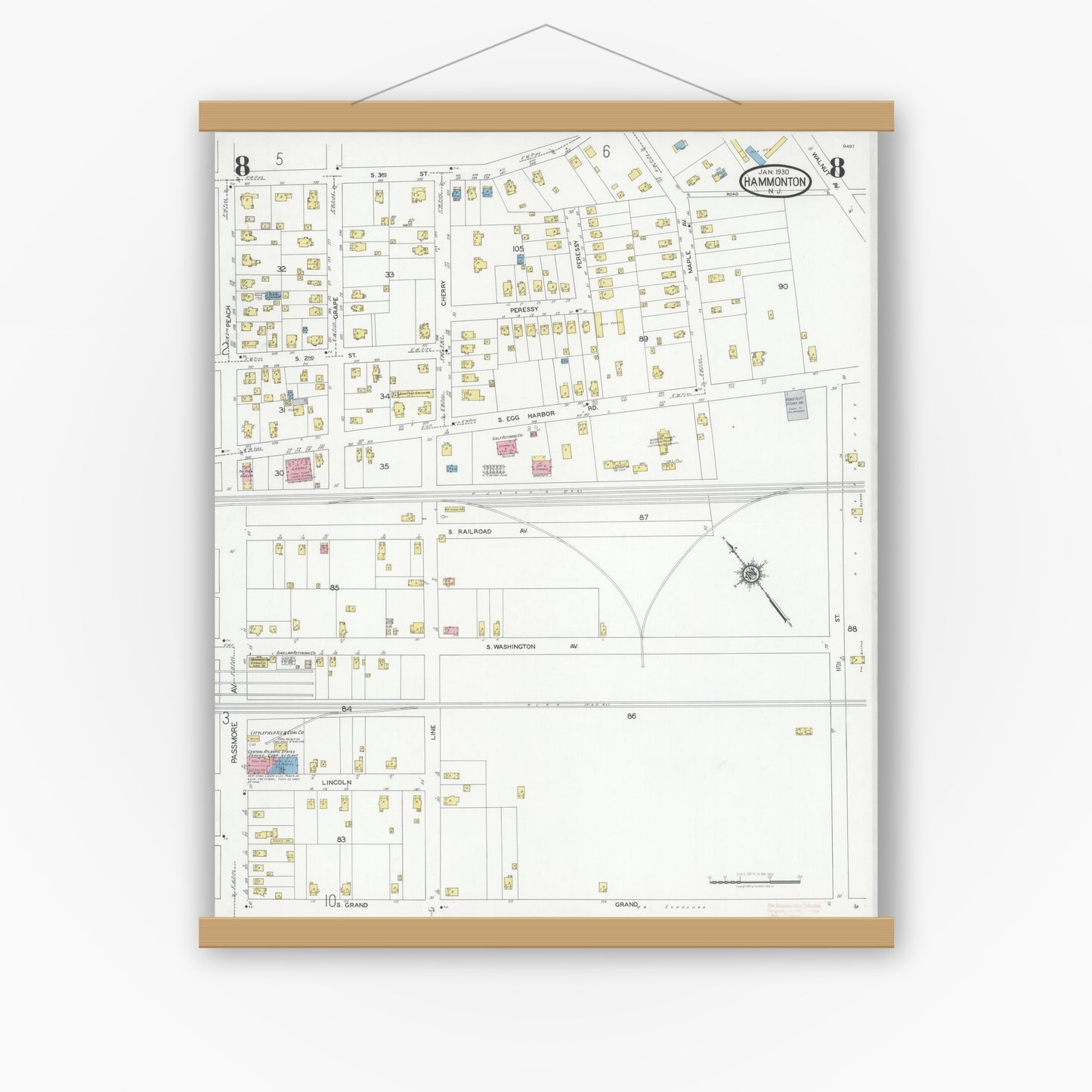 Old map wall art mockup — magnetic wood frame on white wall — Sanborn Fire Insurance Map from Hammonton, Atlantic County, New Jersey (1930), Sheet #0008
