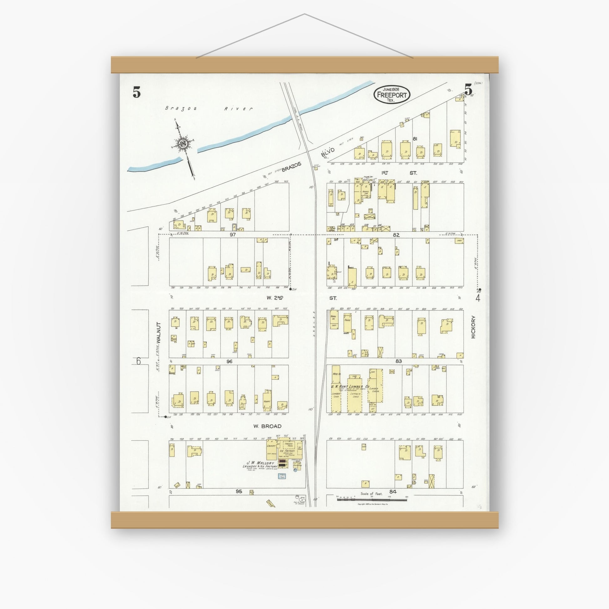 Old map wall art mockup — magnetic wood frame on white wall — Sanborn Fire Insurance Map from Freeport, Brazoria County, Texas (1926), Sheet #0005
