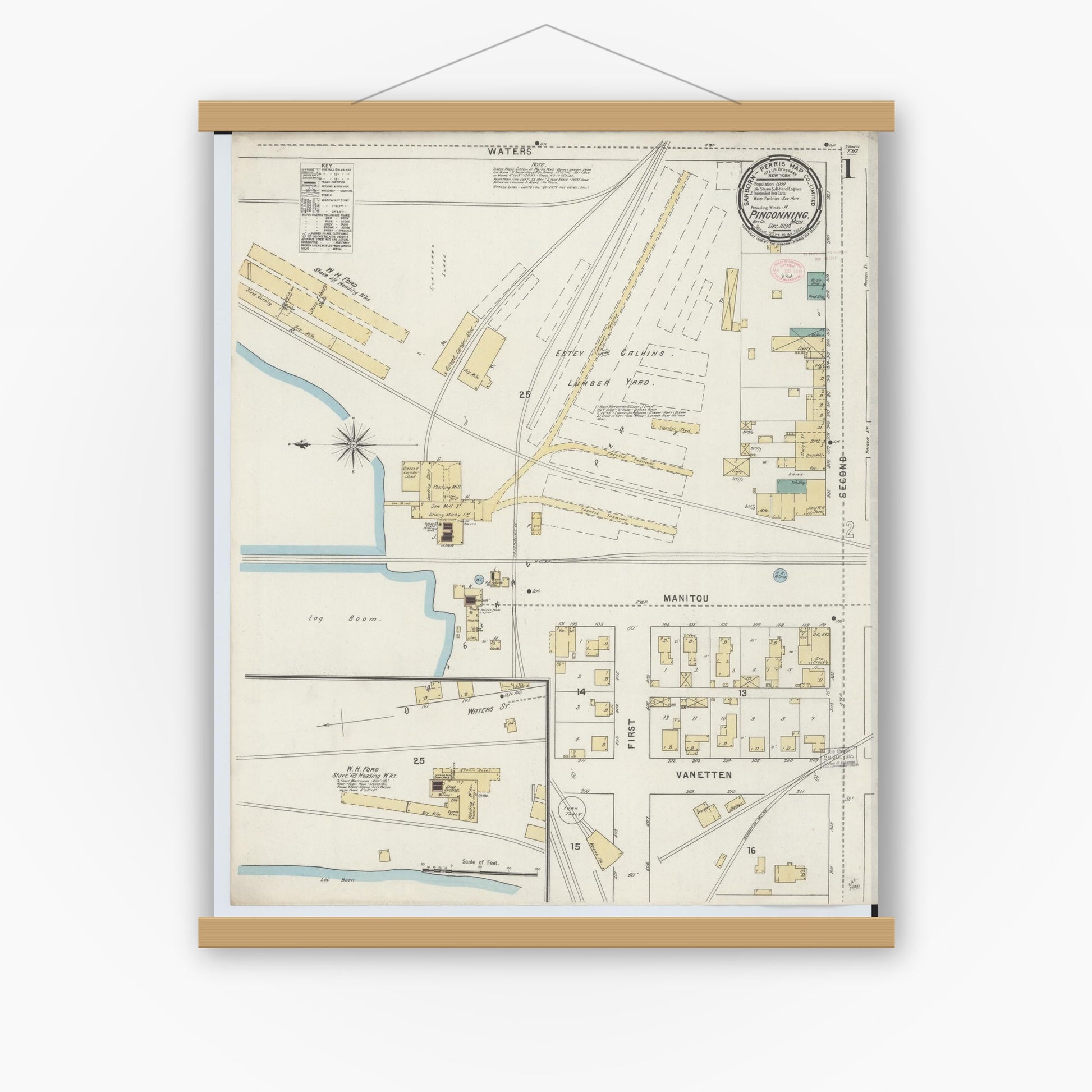 Old map wall art mockup — magnetic wood frame on white wall — Sanborn Fire Insurance Map from Pinconning, Bay County, Michigan (1894), Sheet #0001