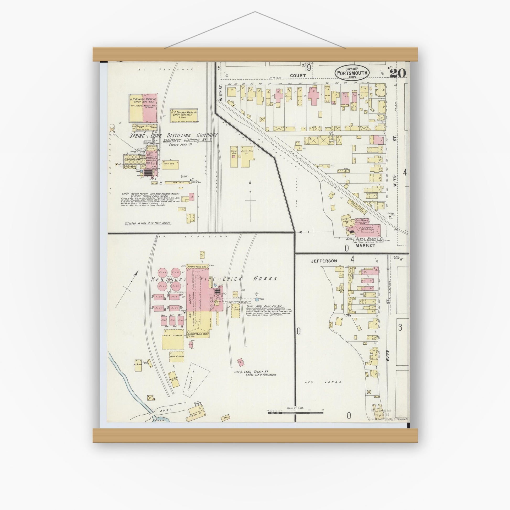 Old map wall art mockup — magnetic wood frame on white wall — Sanborn Fire Insurance Map from Portsmouth, Scioto County, Ohio (1897), Sheet #0020