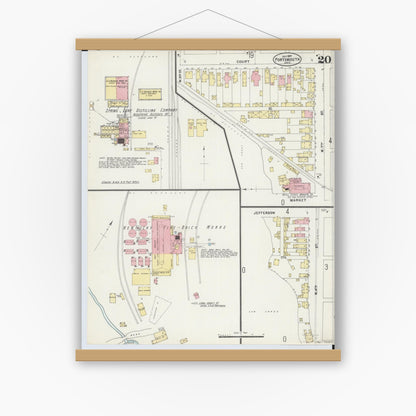 Old map wall art mockup — magnetic wood frame on white wall — Sanborn Fire Insurance Map from Portsmouth, Scioto County, Ohio (1897), Sheet #0020