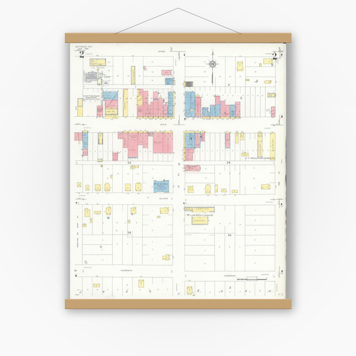Old map wall art mockup — magnetic wood frame on white wall — Sanborn Fire Insurance Map from Quitaque, Briscoe County, Texas (1936), Sheet #0002