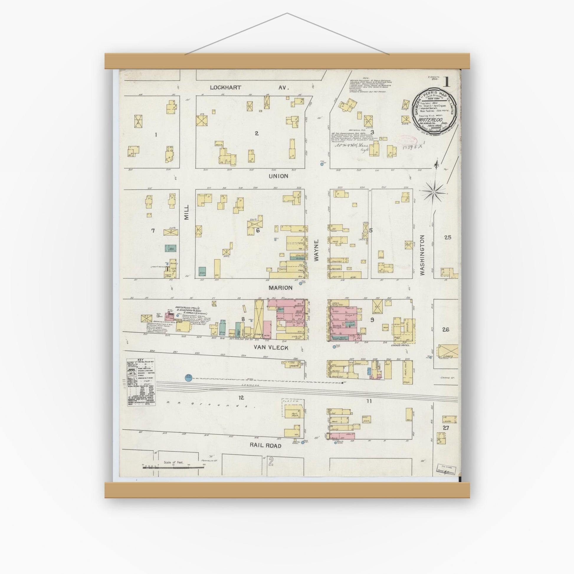 Old map wall art mockup — magnetic wood frame on white wall — Sanborn Fire Insurance Map from Waterloo, De Kalb County, Indiana (1892) - Complete Map Set