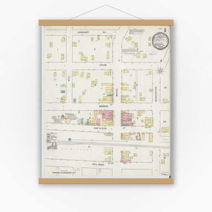 Old map wall art mockup — magnetic wood frame on white wall — Sanborn Fire Insurance Map from Waterloo, De Kalb County, Indiana (1892) - Complete Map Set