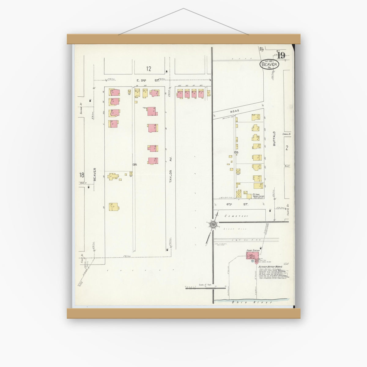 Old map wall art mockup — magnetic wood frame on white wall — Sanborn Fire Insurance Map from Beaver, Beaver County, Pennsylvania (1912), Sheet #0019