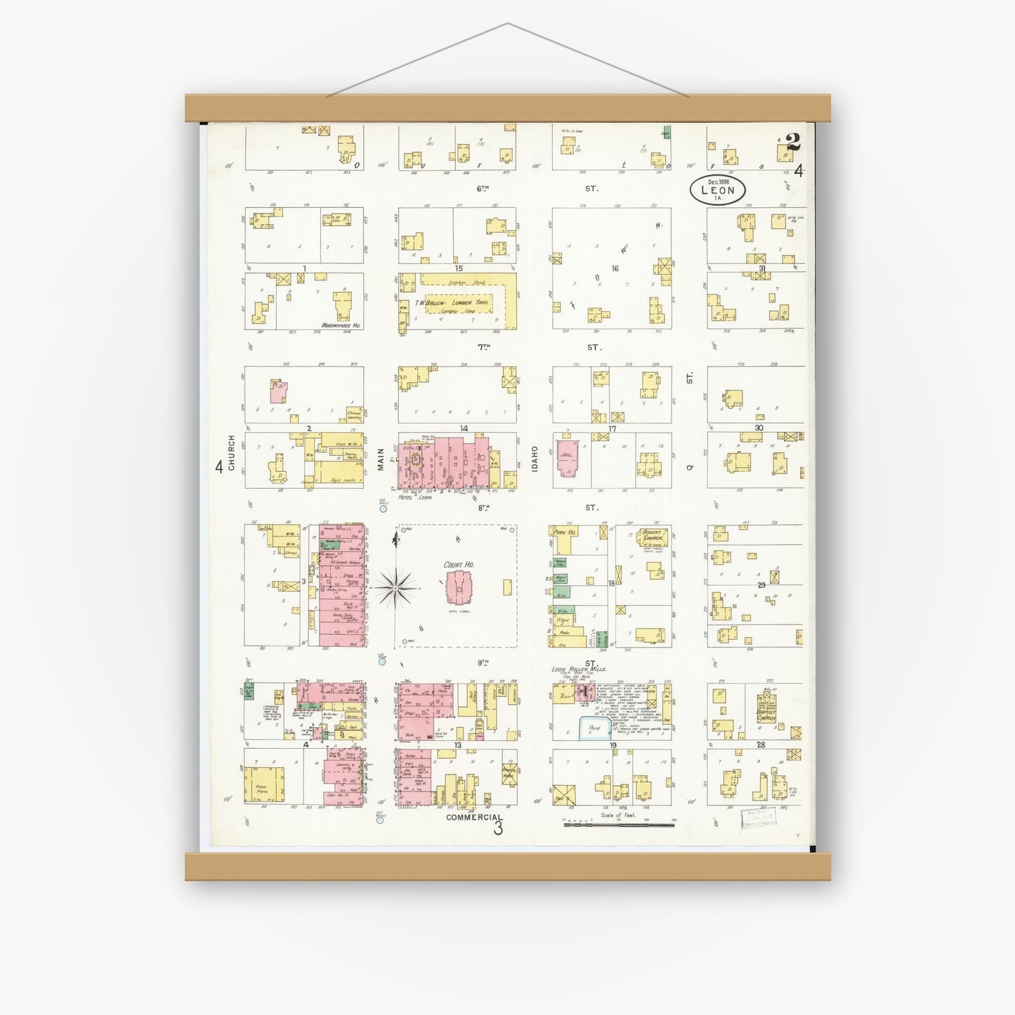 Old map wall art mockup — magnetic wood frame on white wall — Sanborn Fire Insurance Map from Leon, Decatur County, Iowa (1898), Sheet #0002