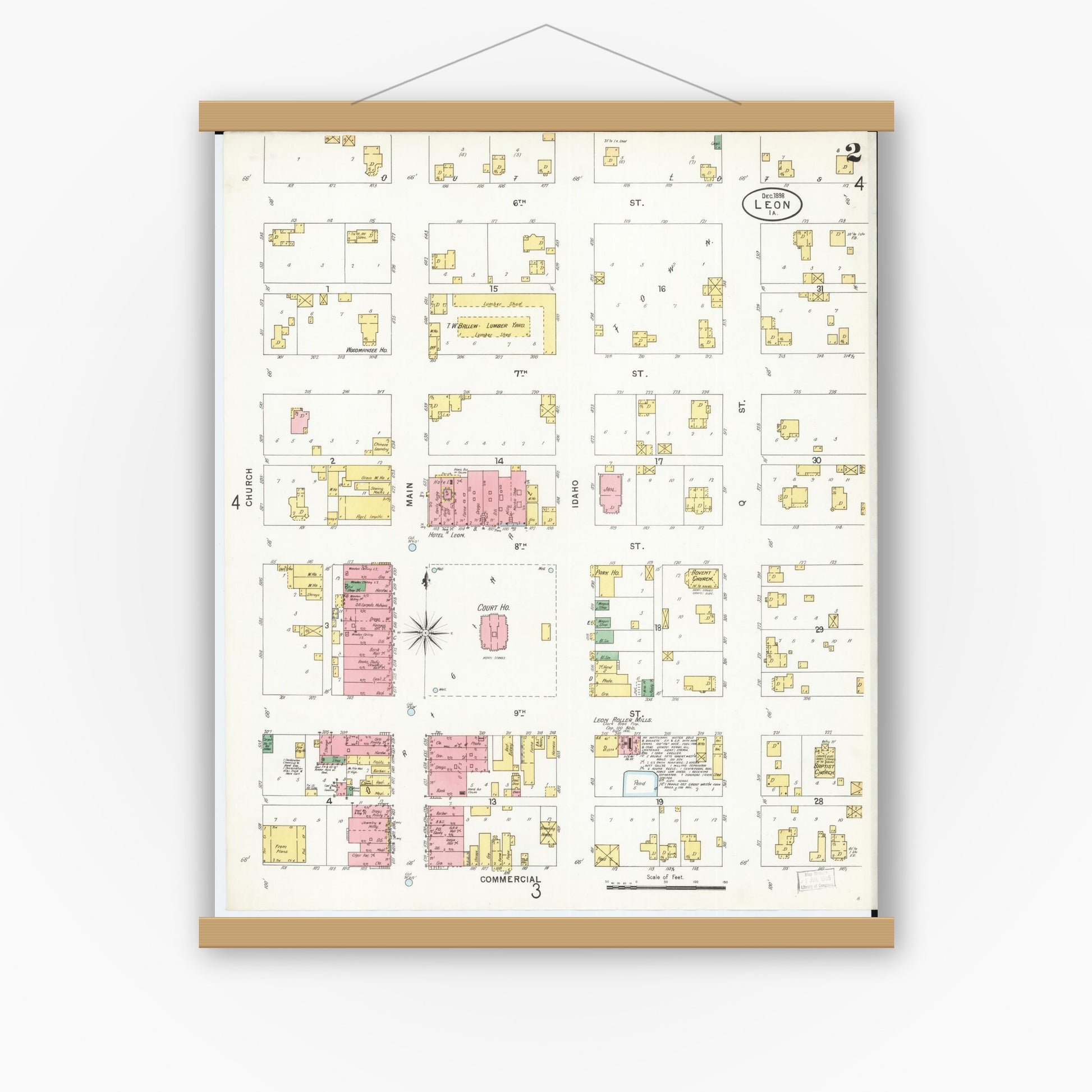 Old map wall art mockup — magnetic wood frame on white wall — Sanborn Fire Insurance Map from Leon, Decatur County, Iowa (1898), Sheet #0002