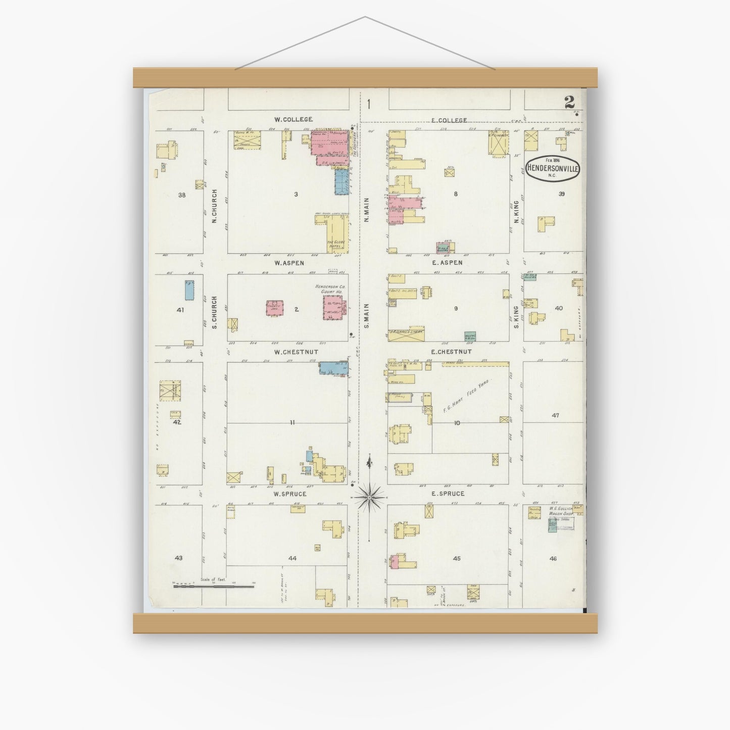 Old map wall art mockup — magnetic wood frame on white wall — Sanborn Fire Insurance Map from Hendersonville, Henderson County, North Carolina (1896), Sheet #0002