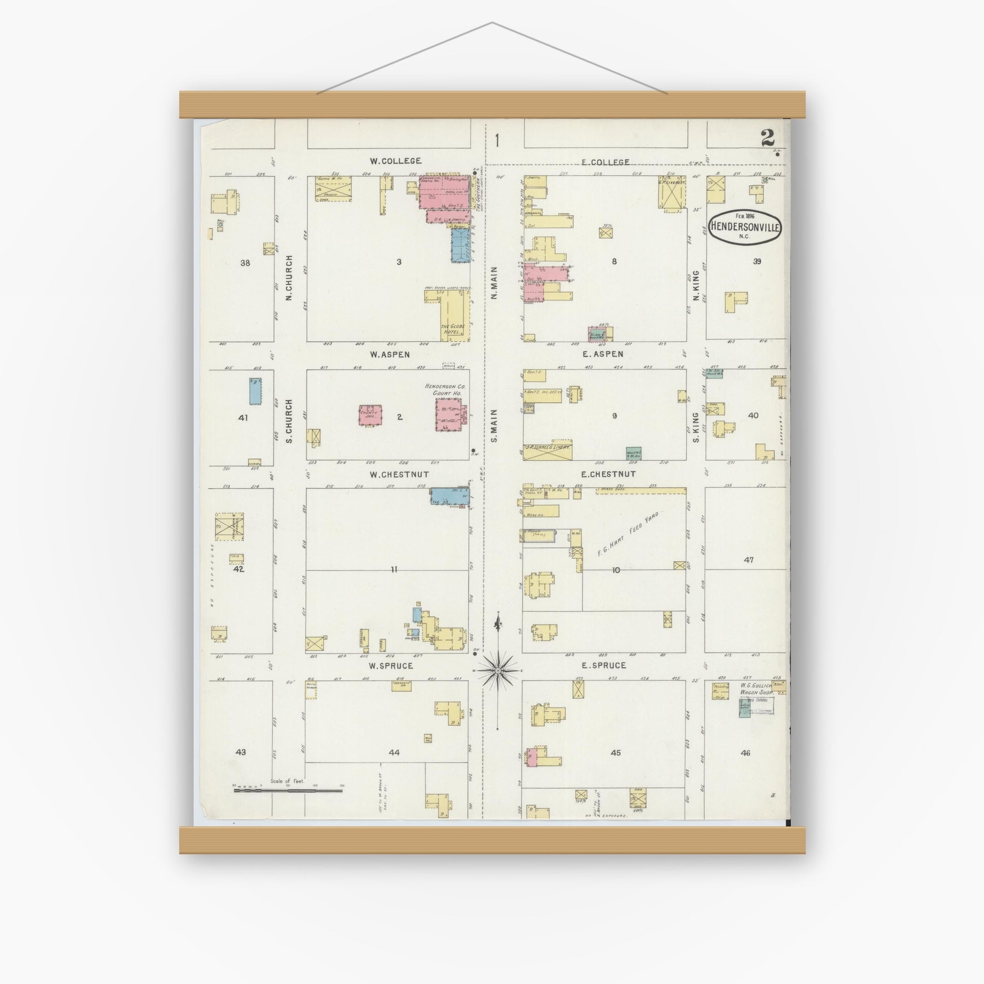 Old map wall art mockup — magnetic wood frame on white wall — Sanborn Fire Insurance Map from Hendersonville, Henderson County, North Carolina (1896), Sheet #0002