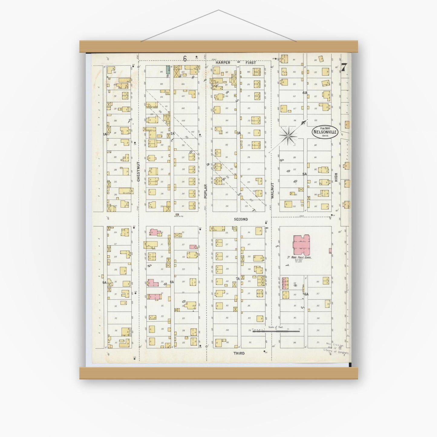 Old map wall art mockup — magnetic wood frame on white wall — Sanborn Fire Insurance Map from Nelsonville, Athens County, Ohio (1900), Sheet #0007