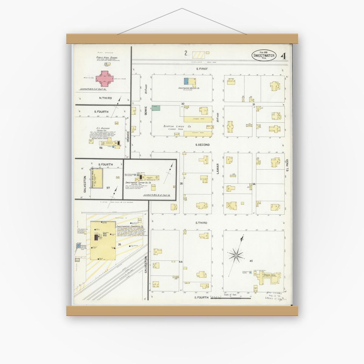 Old map wall art mockup — magnetic wood frame on white wall — Sanborn Fire Insurance Map from Sweetwater, Nolan County, Texas (1908), Sheet #0004