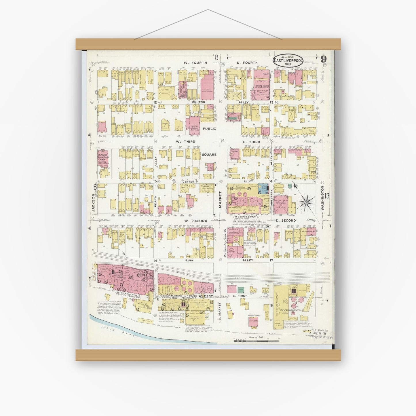 Old map wall art mockup — magnetic wood frame on white wall — Sanborn Fire Insurance Map from East Liverpool, Columbiana County, Ohio (1908), Sheet #0009