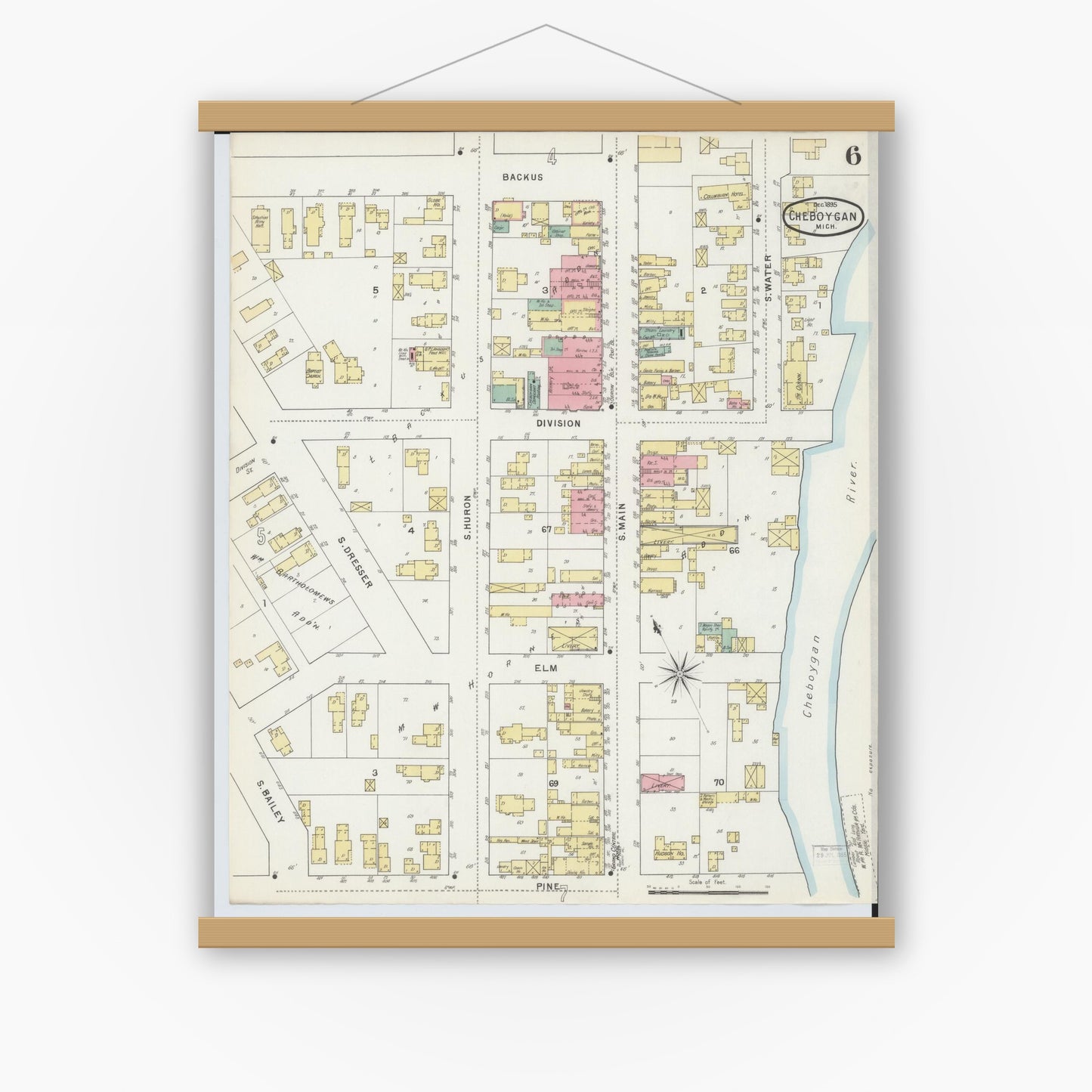 Old map wall art mockup — magnetic wood frame on white wall — Sanborn Fire Insurance Map from Cheboygan, Cheboygan County, Michigan (1895), Sheet #0006