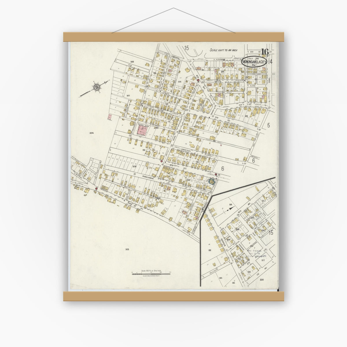 Old map wall art mockup — magnetic wood frame on white wall — Sanborn Fire Insurance Map from Monongahela City, Washington County, Pennsylvania (1918), Sheet #0016