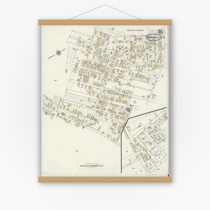 Old map wall art mockup — magnetic wood frame on white wall — Sanborn Fire Insurance Map from Monongahela City, Washington County, Pennsylvania (1918), Sheet #0016
