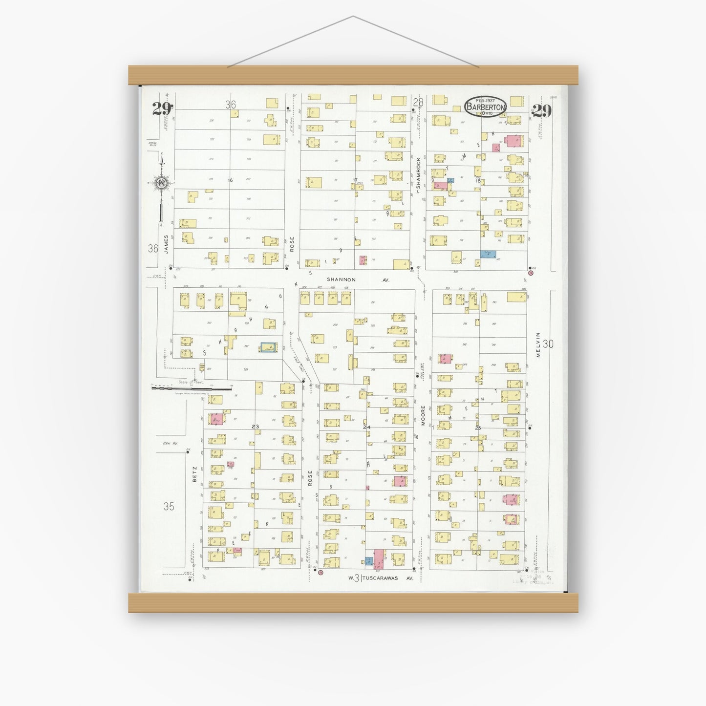 Old map wall art mockup — magnetic wood frame on white wall — Sanborn Fire Insurance Map from Barberton, Summit County, Ohio (1927), Sheet #0029